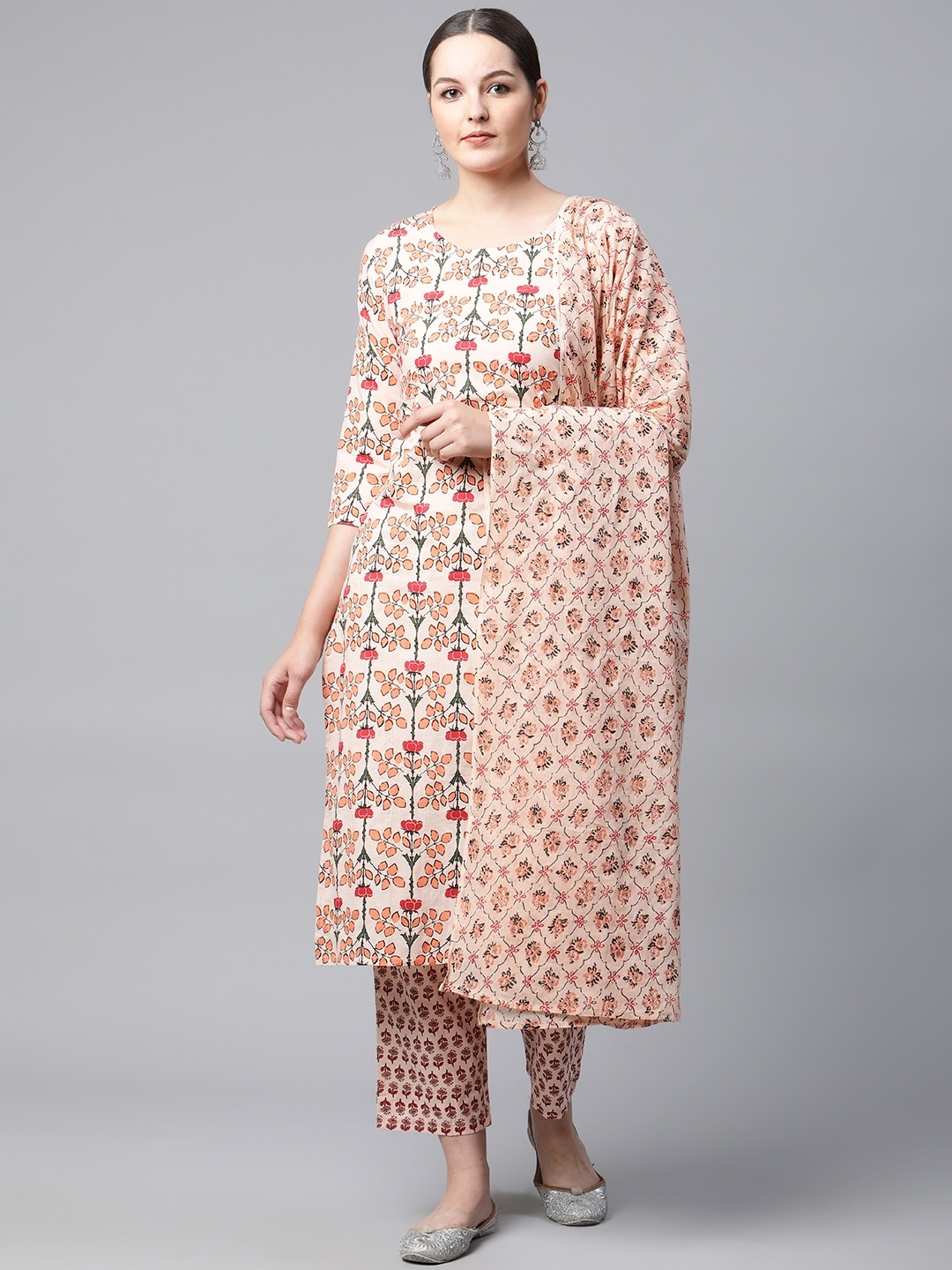 MEERA FAB Women Peach-Coloured Ethnic Printed Pure Cotton Kurta with Trousers & Dupatta
MEERA FAB Women Peach-Coloured Ethnic Printed Pure Cotton Kurta with Trousers & Dupatta