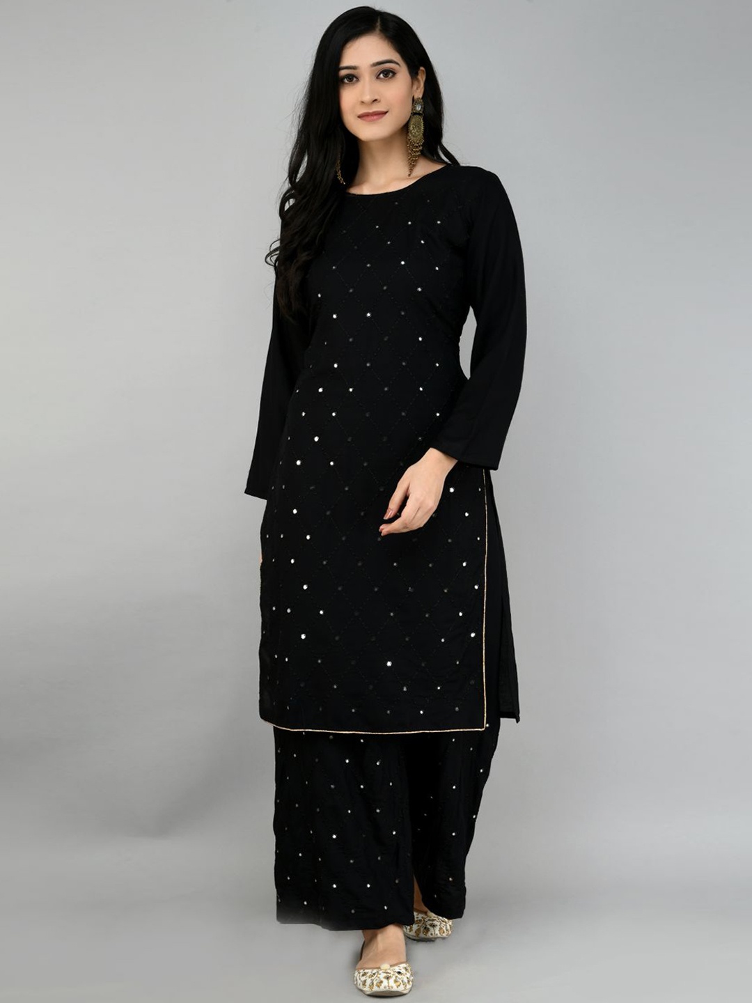 Queenswear Creation Women Black Embroidered Mirror Work Kurta with Palazzos & With Dupatta
Queenswear Creation Women Black Embroidered Mirror Work Kurta with Palazzos & With Dupatta