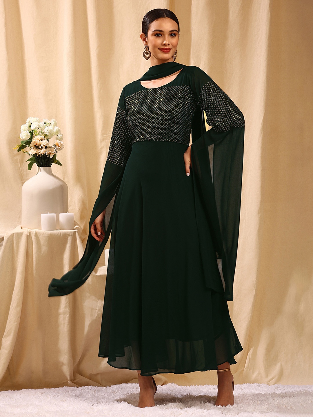 TRENDY DIVVA Women Green Yoke Design Flared Sleeves Georgette Anarkali Kurta & Dupatta
TRENDY DIVVA Women Green Yoke Design Flared Sleeves Georgette Anarkali Kurta & Dupatta