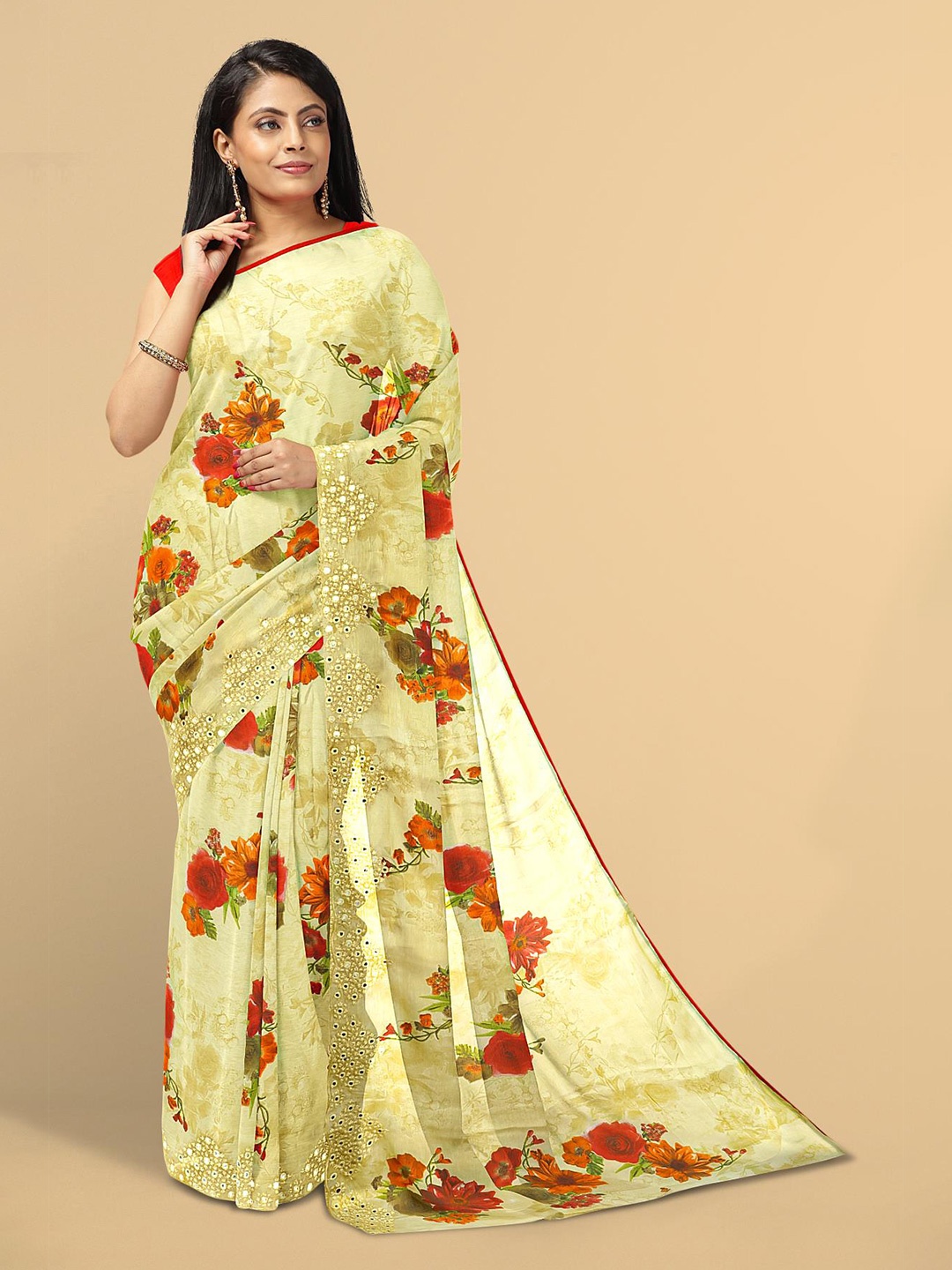Kalamandir Cream-Coloured & Red Floral Mirror Work Saree