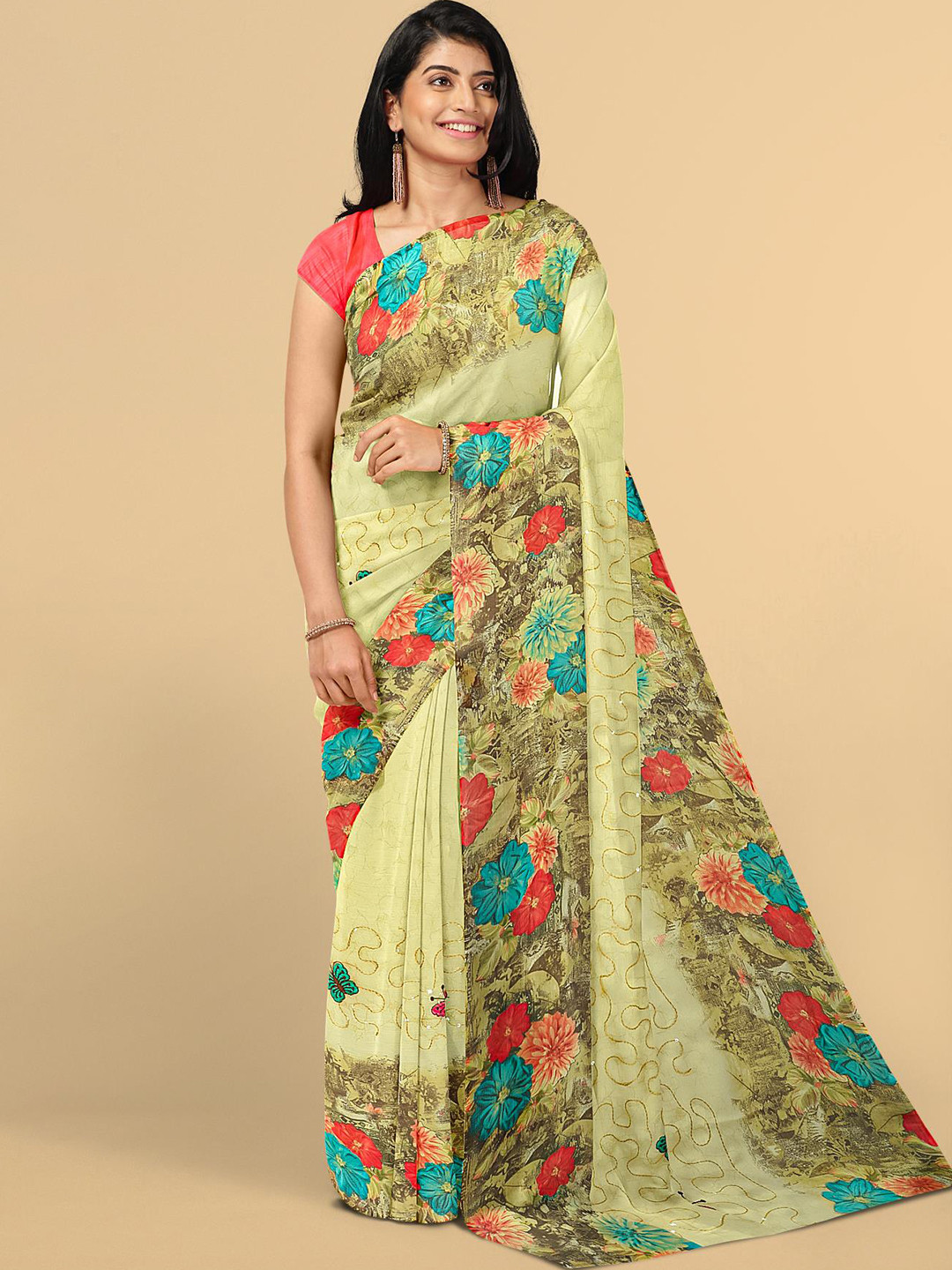 Kalamandir Cream-Coloured & Green Floral Saree
Kalamandir Cream-Coloured & Green Floral Saree