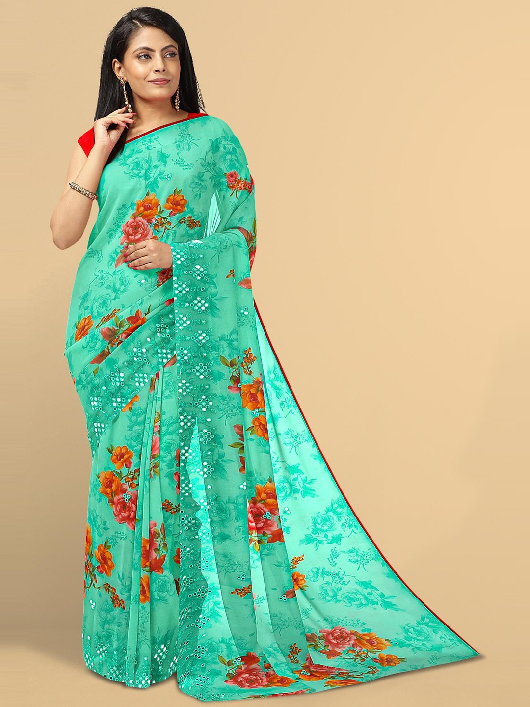 Kalamandir Sea Green & Red Floral Embroidered Saree