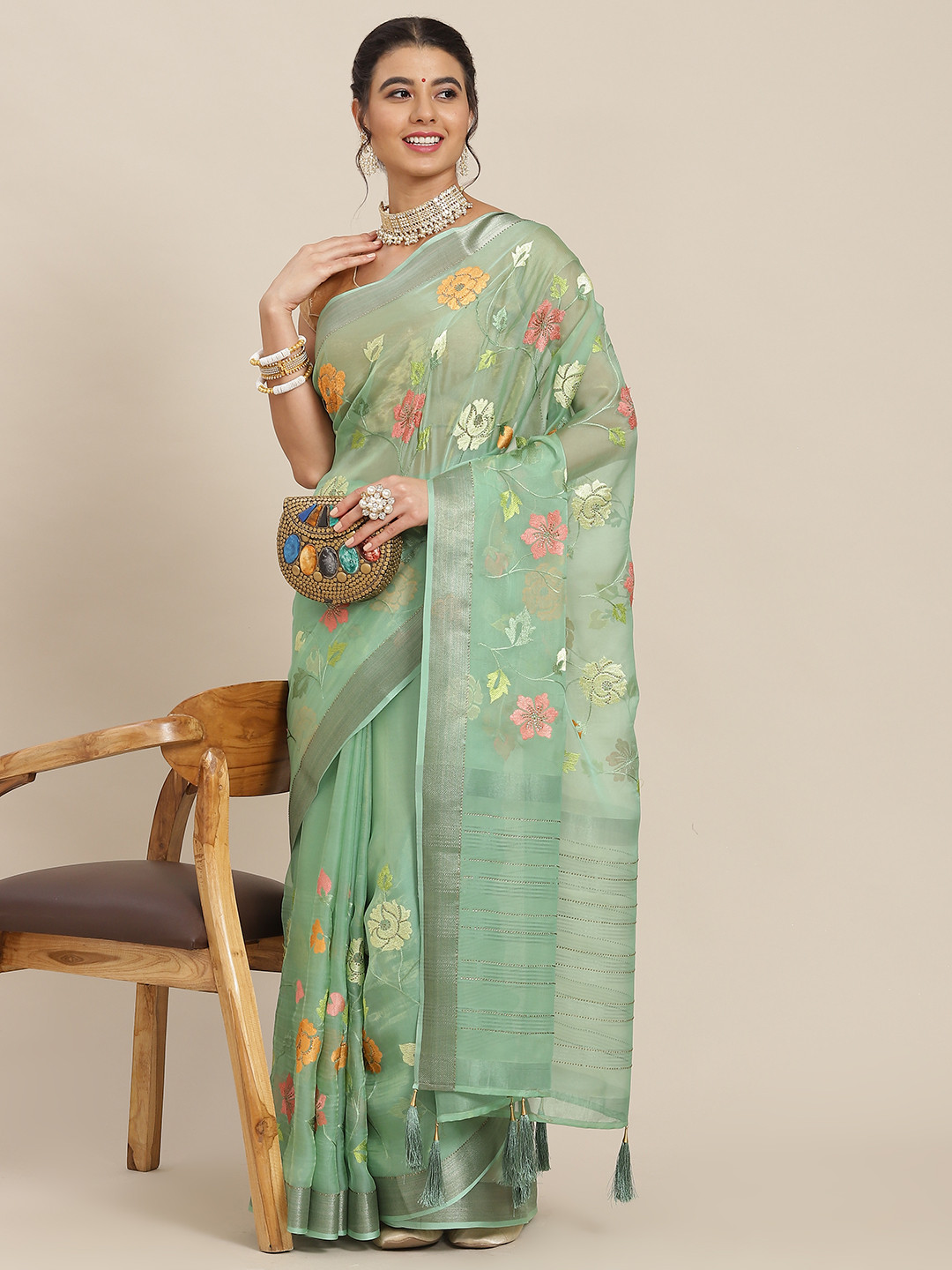 SAARYA Green & Yellow Floral Embroidered Organza Saree 
SAARYA Green & Yellow Floral Embroidered Organza Saree