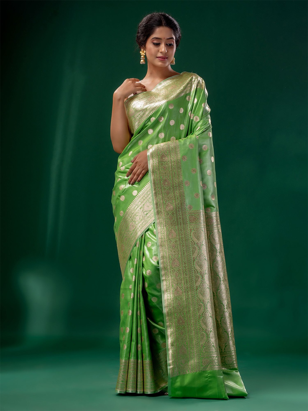 Charukriti Green & Gold-Toned Woven Design Zari Pure Silk Saree