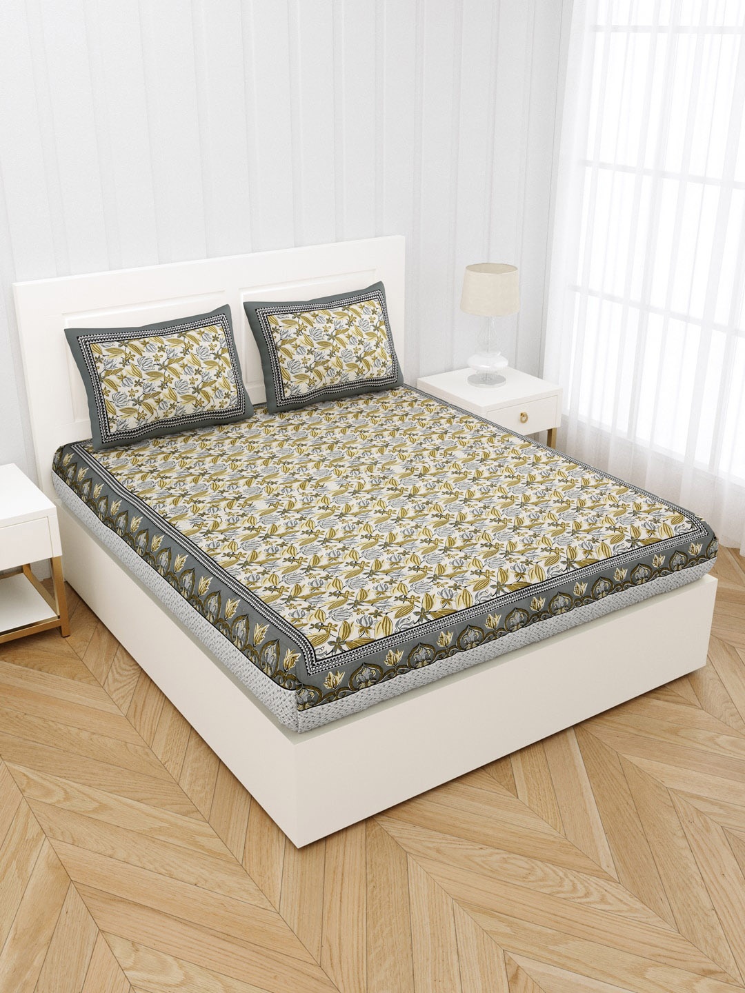 JAIPUR FABRIC Olive Green & Grey Printed 240 TC Cotton Bedsheet with 2 Pillow Covers
JAIPUR FABRIC Olive Green & Grey Printed 240 TC Cotton Bedsheet with 2 Pillow Covers
