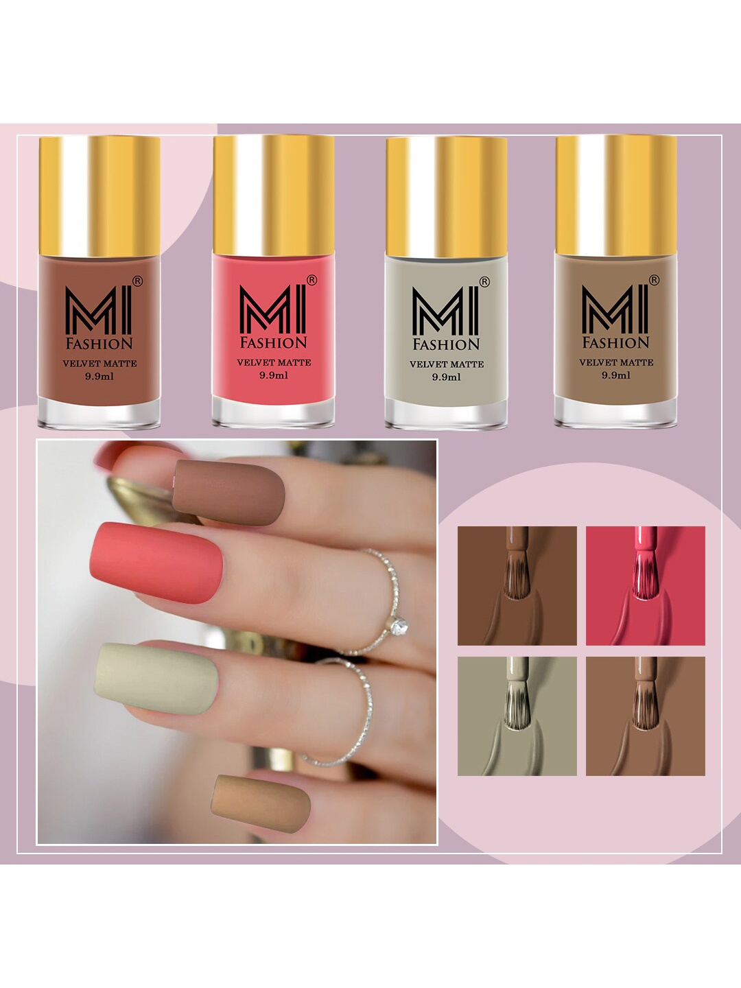 MI FASHION Set Of 4 Nail Polish - Light Carmine Pink Pale Brown Spicy Mix Satin Linen, Nude
MI FASHION Set Of 4 Nail Polish - Light Carmine Pink Pale Brown Spicy Mix Satin Linen, Nude