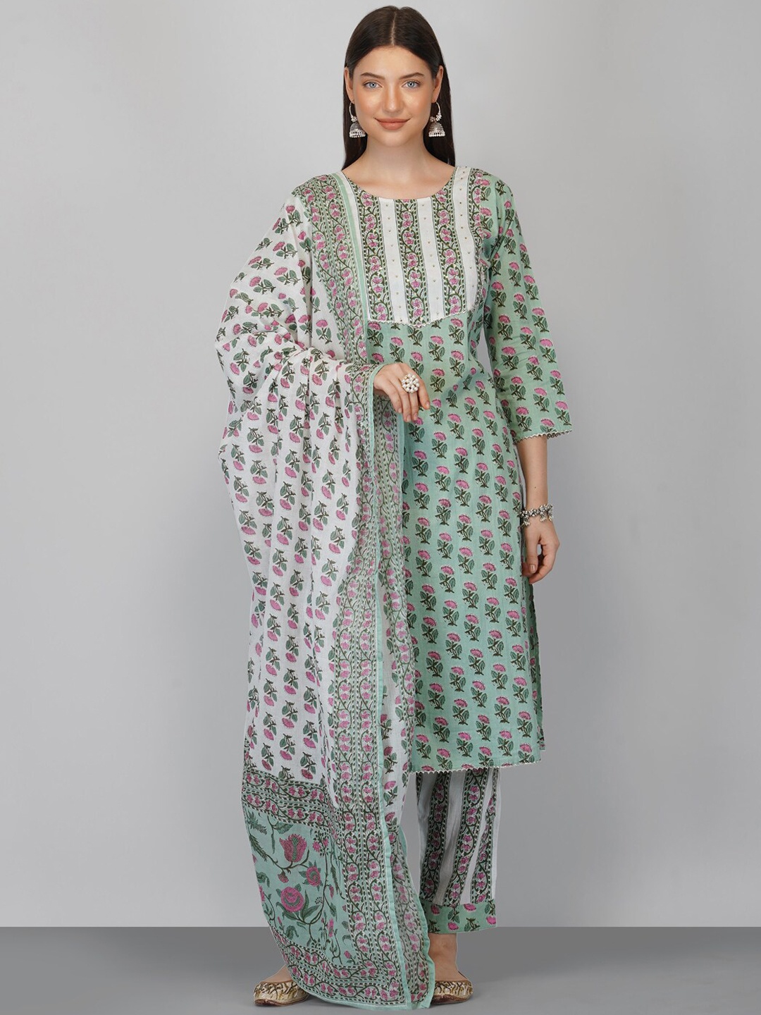 Ziva Fashion Women Green Ethnic Motifs Printed Pure Cotton Kurta with Palazzos & With Dupatta
Ziva Fashion Women Green Ethnic Motifs Printed Pure Cotton Kurta with Palazzos & With Dupatta