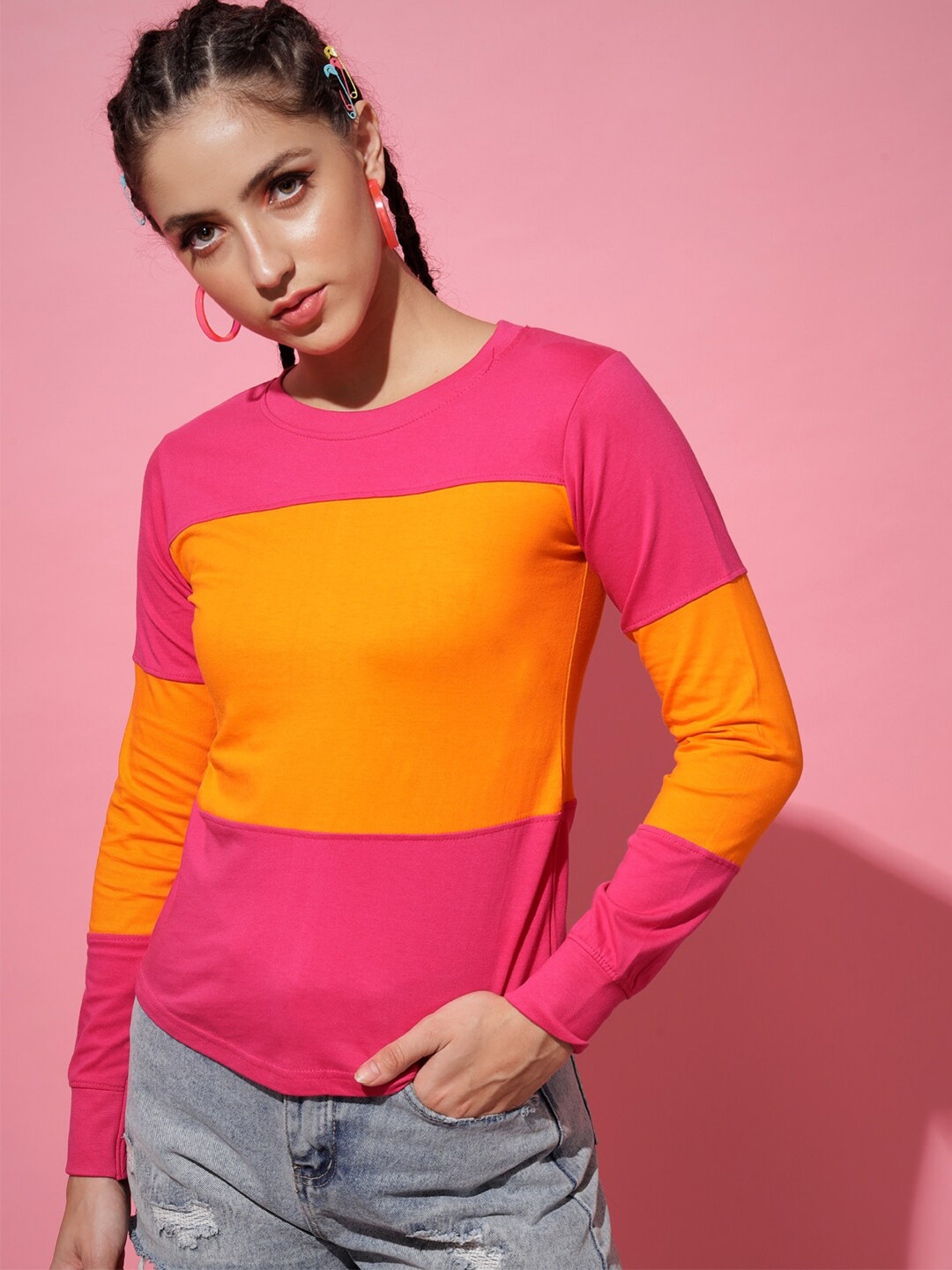 The Dry State Women Pink & Yellow Colourblocked Cotton T-shirt 
The Dry State Women Pink & Yellow Colourblocked Cotton T-shirt