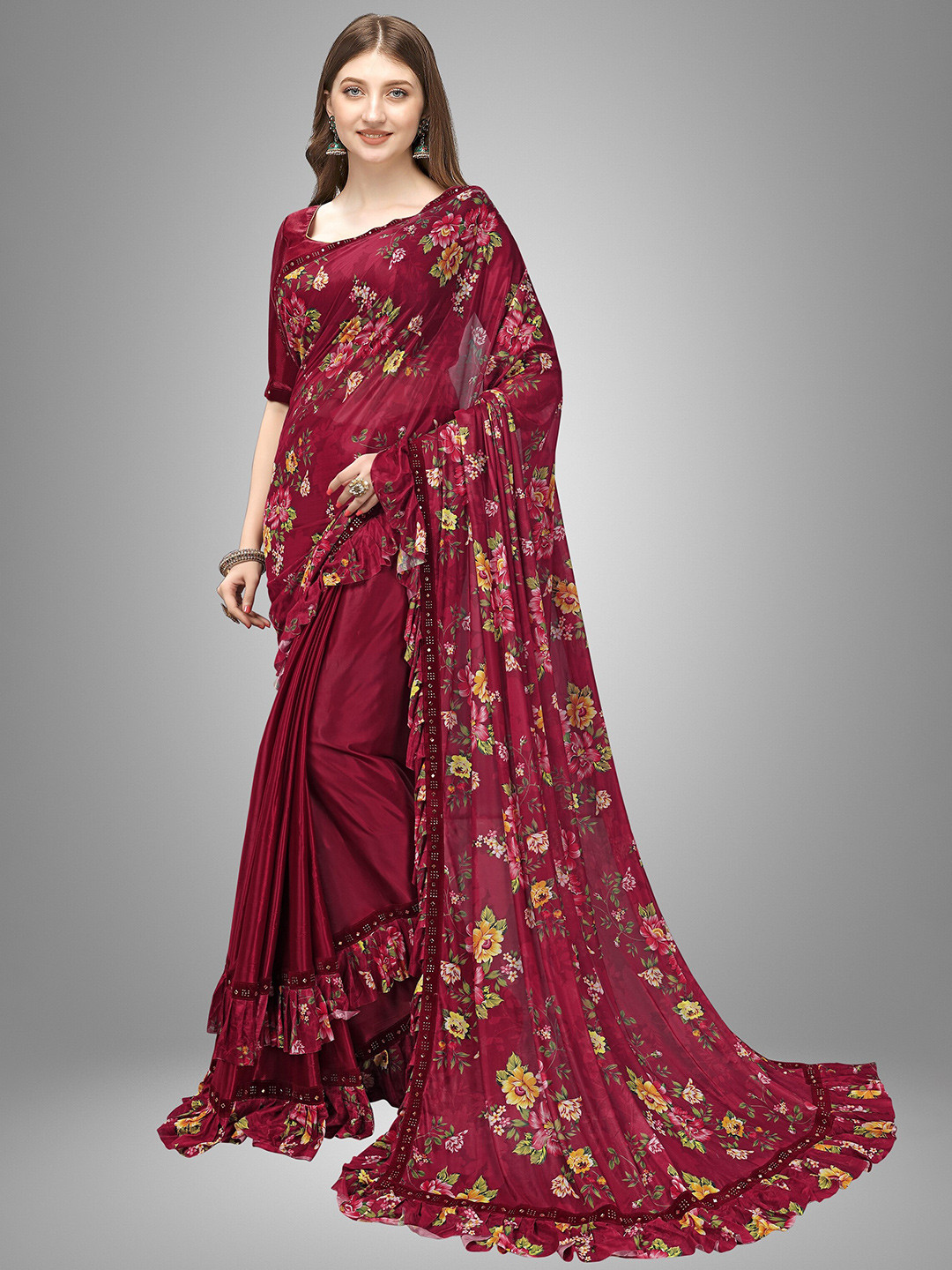 Trendmalls Women Red & Yellow Floral Saree 
Trendmalls Women Red & Yellow Floral Saree