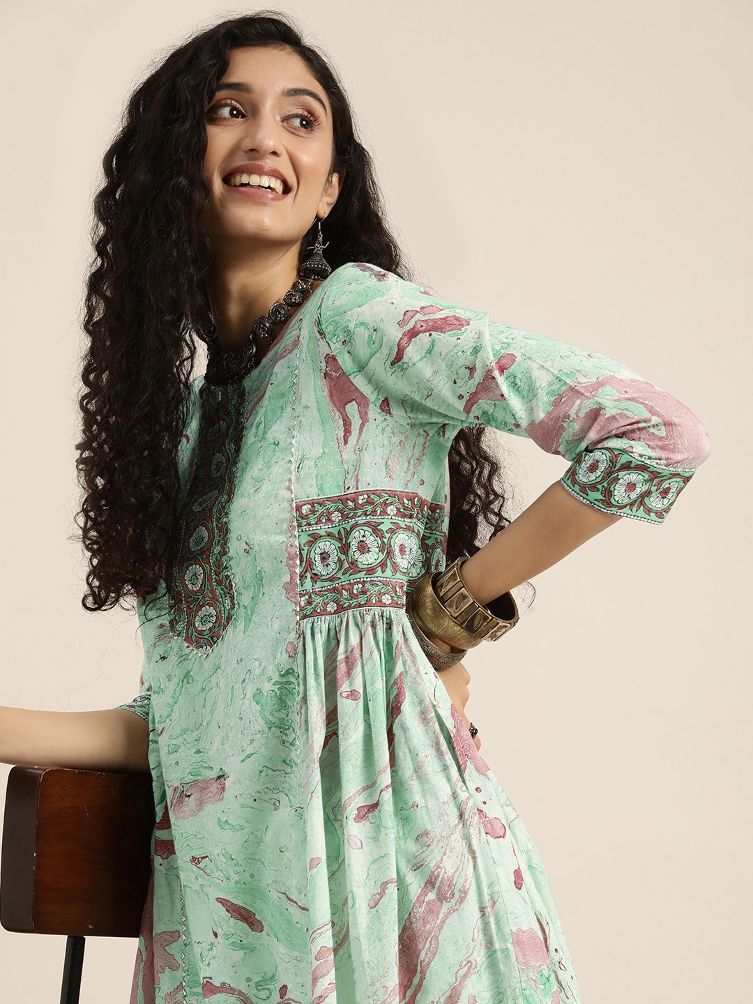 Taavi Women Green & Purple Hand Dyed Marbling Kurta