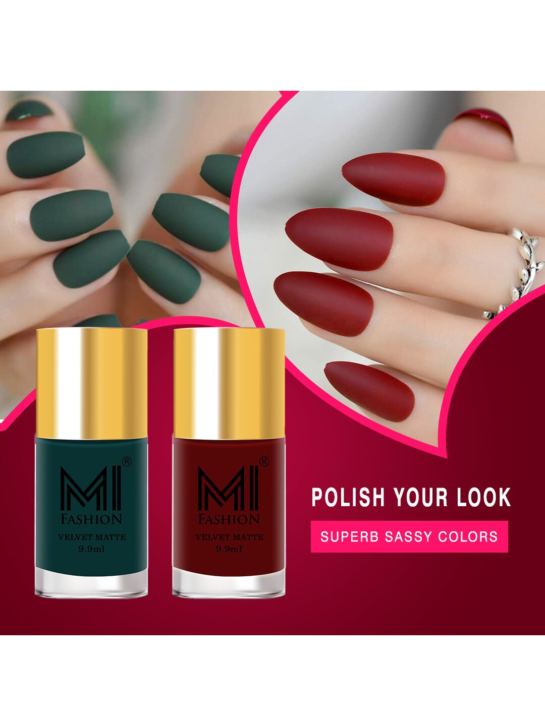 MI FASHION Set of 2 Velvet Matte Truly Unique Long Lasting Nail Polish - 9.9 ml Each, Green
MI FASHION Set of 2 Velvet Matte Truly Unique Long Lasting Nail Polish - 9.9 ml Each, Green