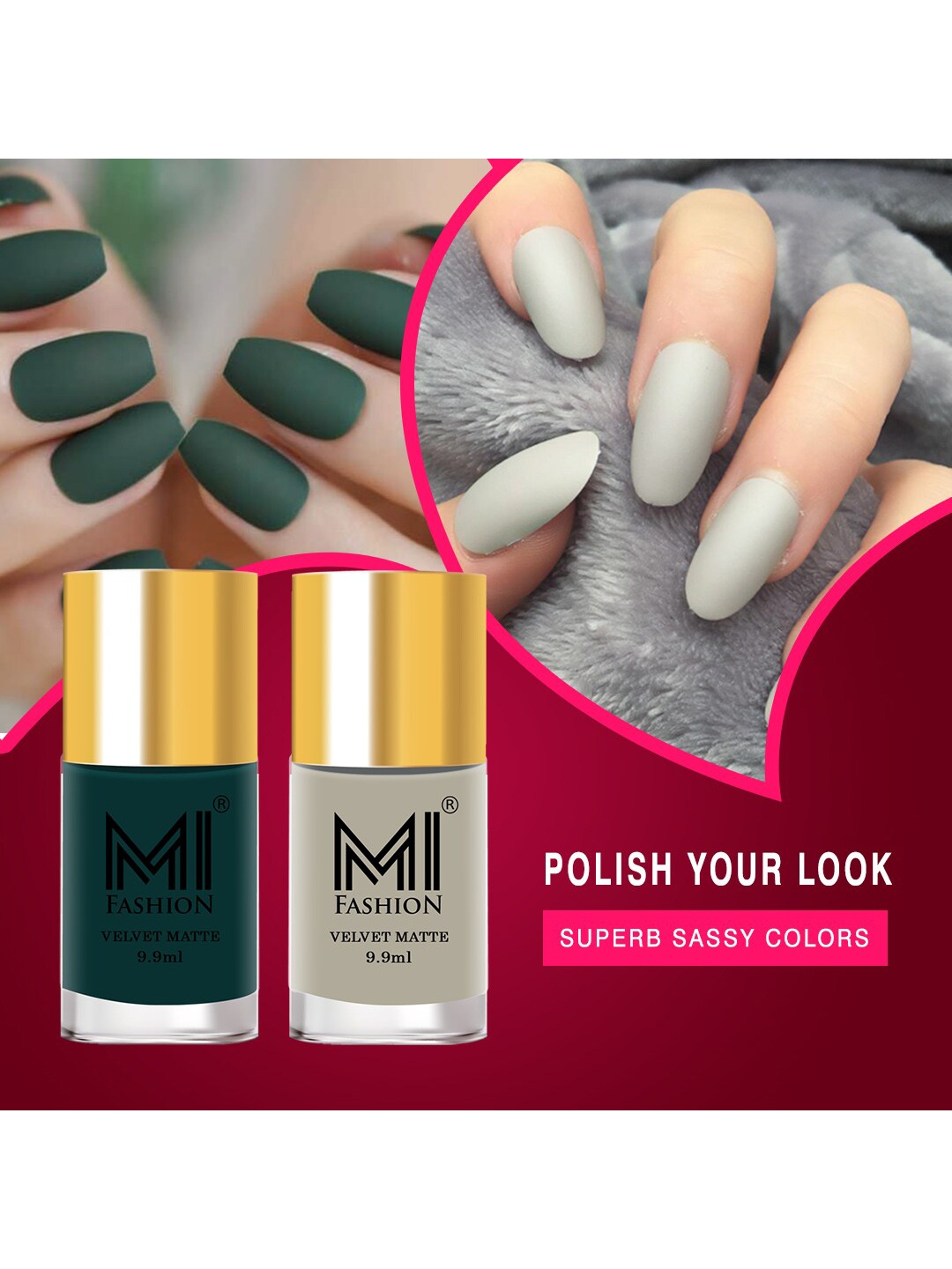 MI FASHION Set of 2 Velvet Matte Long Lasting Nail Polish 9.9 ml Each - Shades 12 & 46, Green
MI FASHION Set of 2 Velvet Matte Long Lasting Nail Polish 9.9 ml Each - Shades 12 & 46, Green