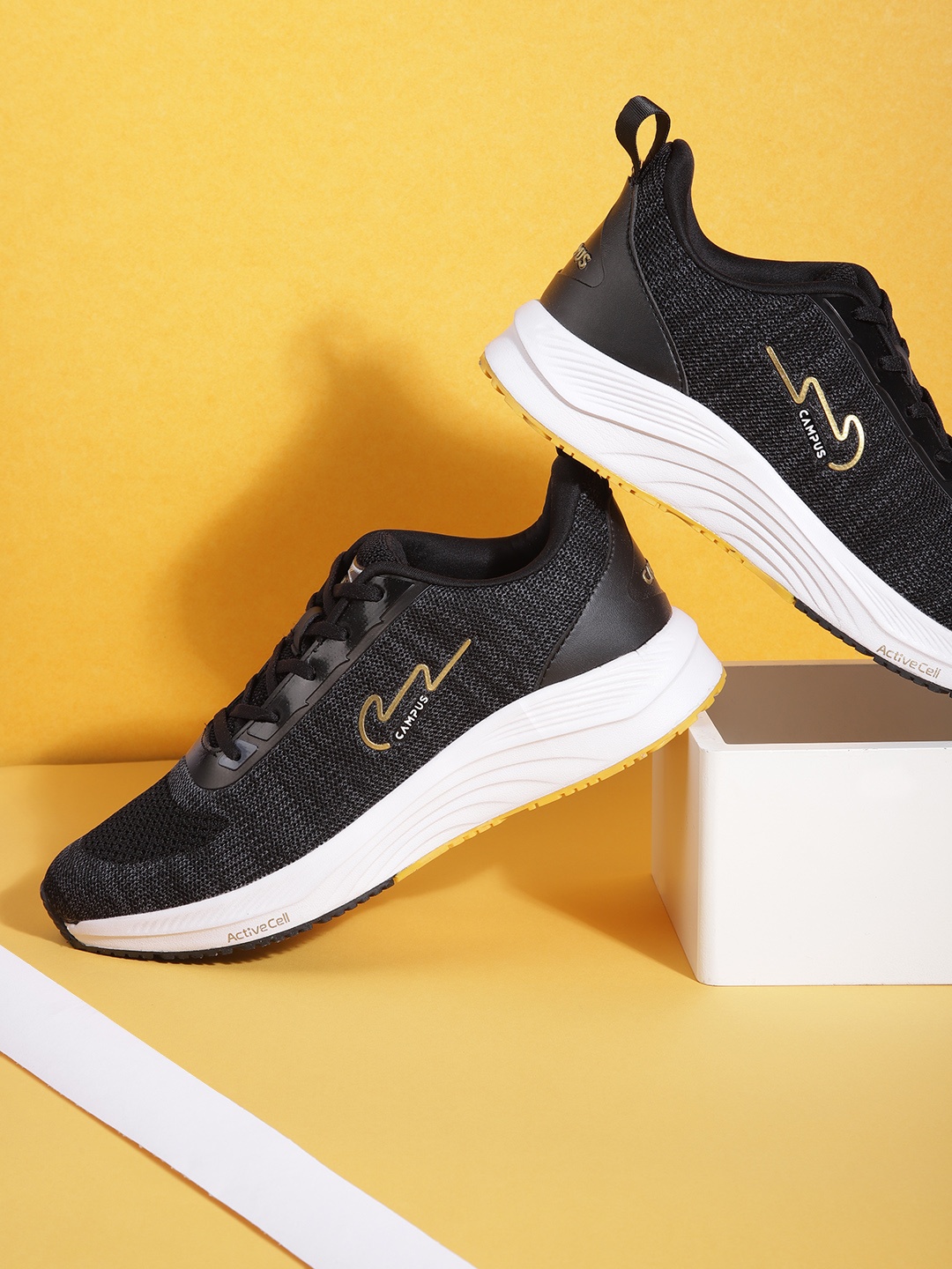 Campus Men Black & Charcoal Grey Woven Design Running Shoes