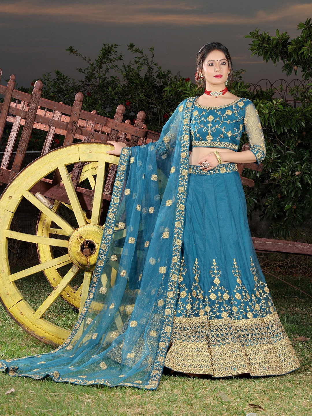 ASPORA Blue & Gold-Toned Embroidered Semi-Stitched Lehenga & Unstitched Blouse With Dupatta
ASPORA Blue & Gold-Toned Embroidered Semi-Stitched Lehenga & Unstitched Blouse With Dupatta
