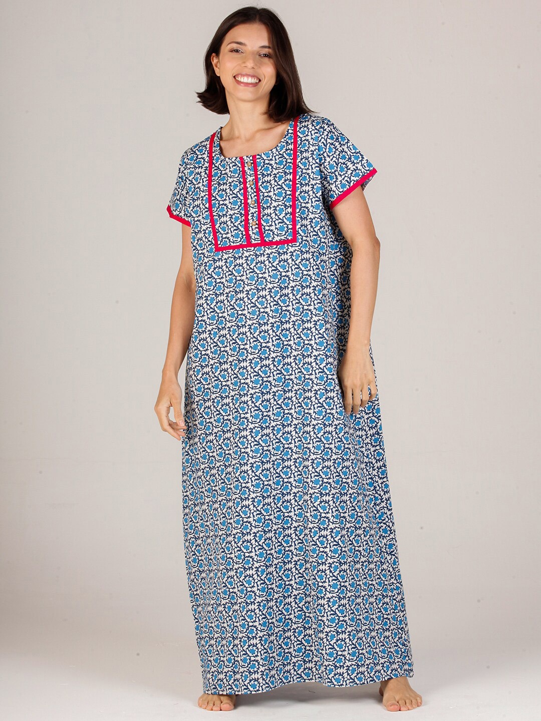 evolove Women Blue Printed Cotton Maxi Nightdress, Assorted