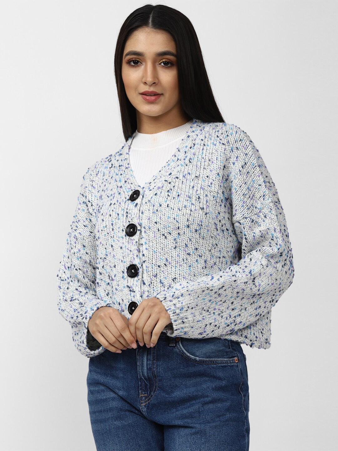 FOREVER 21 Women Blue & White Cardigan