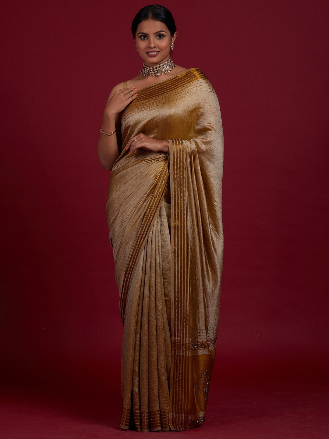 Koskii Gold-Toned Embellished Embroidered Saree
