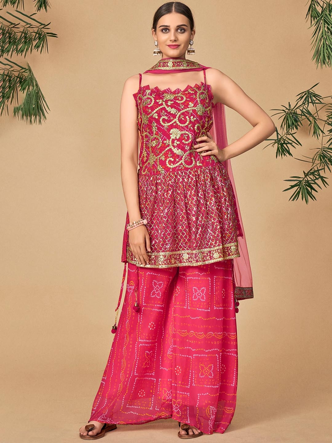 DRESSTIVE Women Pink Bandhani Printed Pleated Sequinned Kurta with Palazzos & Dupatta
DRESSTIVE Women Pink Bandhani Printed Pleated Sequinned Kurta with Palazzos & Dupatta