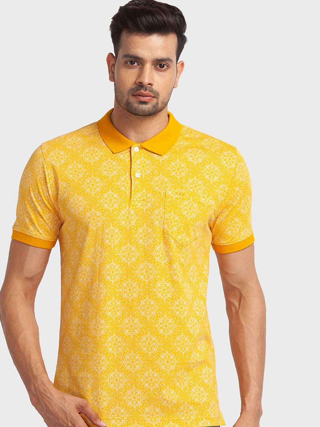 ColorPlus Men Yellow Printed Polo Collar Organic Cotton Slim Fit T-shirt
ColorPlus Men Yellow Printed Polo Collar Organic Cotton Slim Fit T-shirt