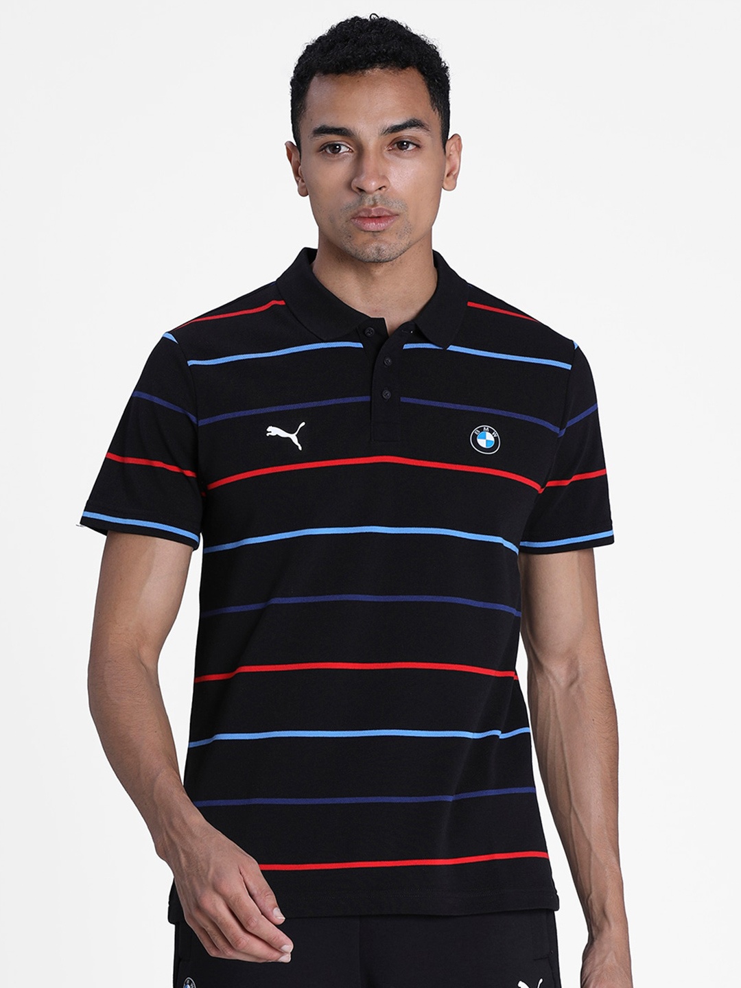 PUMA Motorsport Men Black & Red Striped BMW M Polo Collar T-shirt