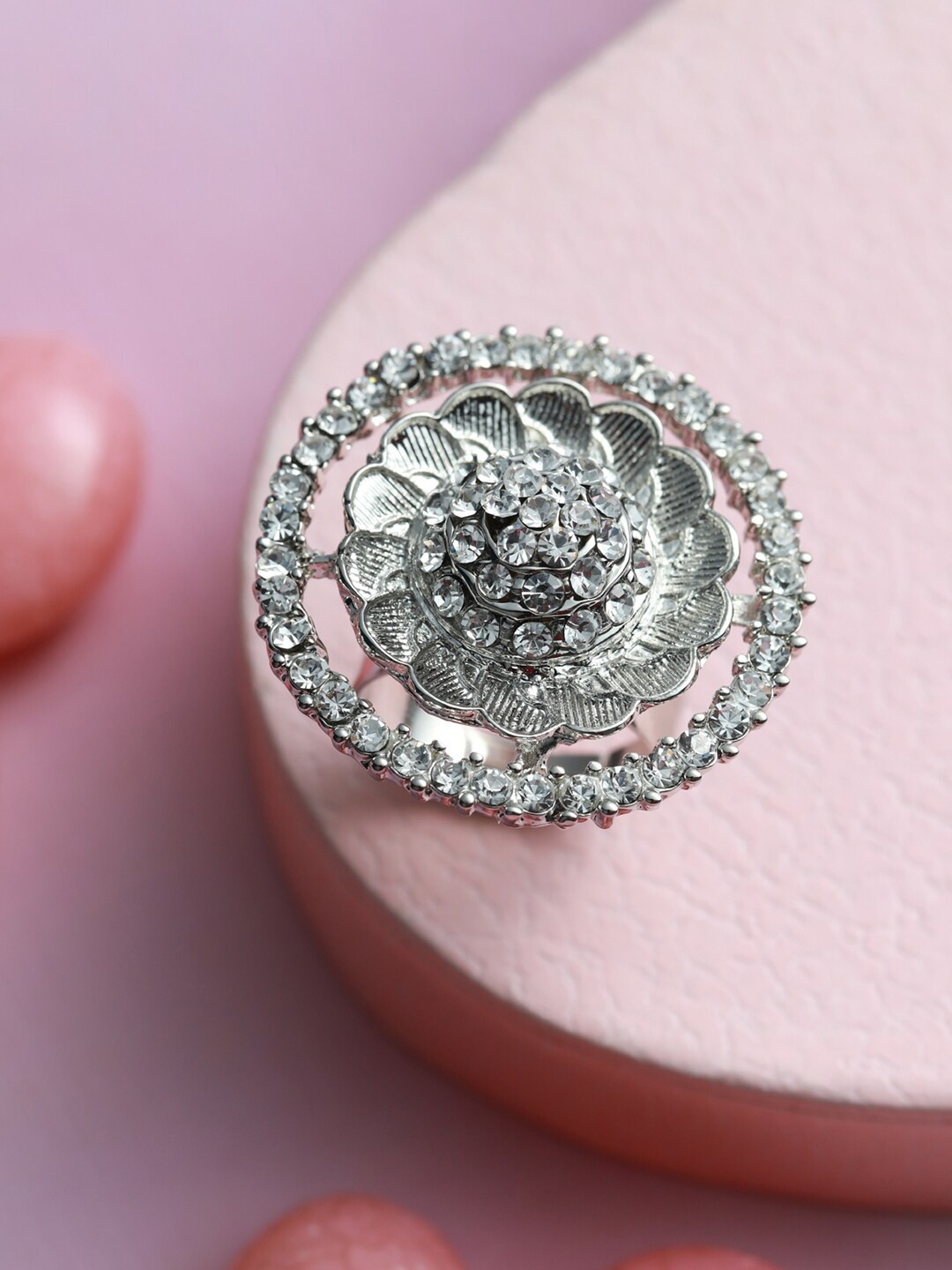 Jazz and Sizzle Silver-Plated CZ Studded Flower shaped Adjustable Finger Ring, White
Jazz and Sizzle Silver-Plated CZ Studded Flower shaped Adjustable Finger Ring, White