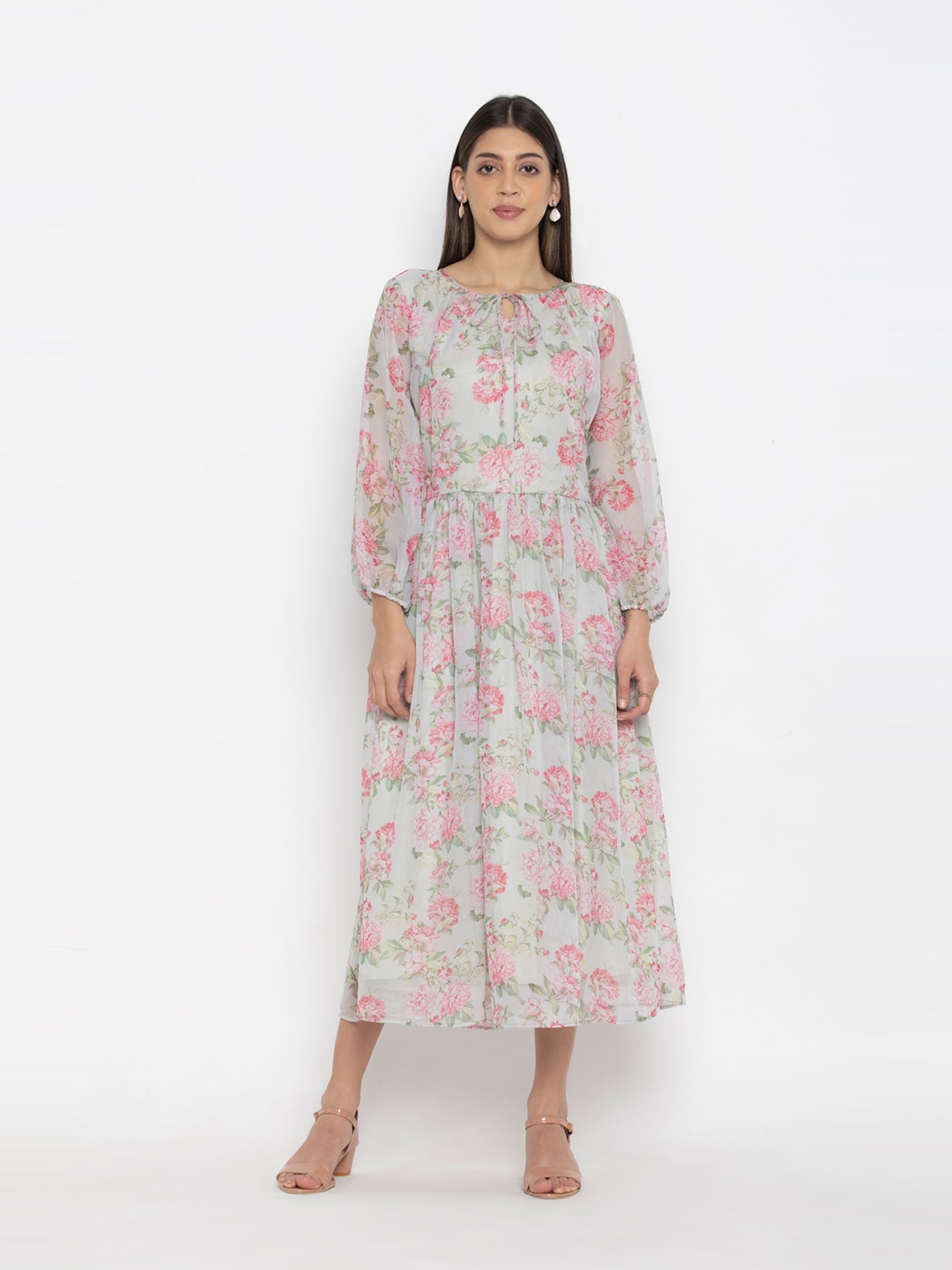 OCTICS Women Green Floral Tie-Up Neck Georgette Midi Dress