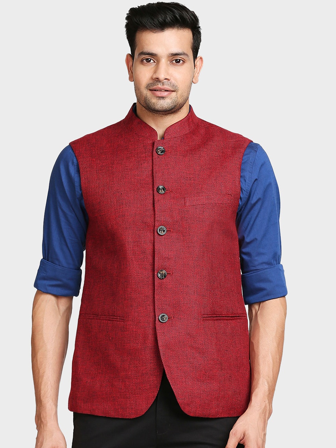 ColorPlus Men Red Nehru Mandarin Collar Linen Jackets