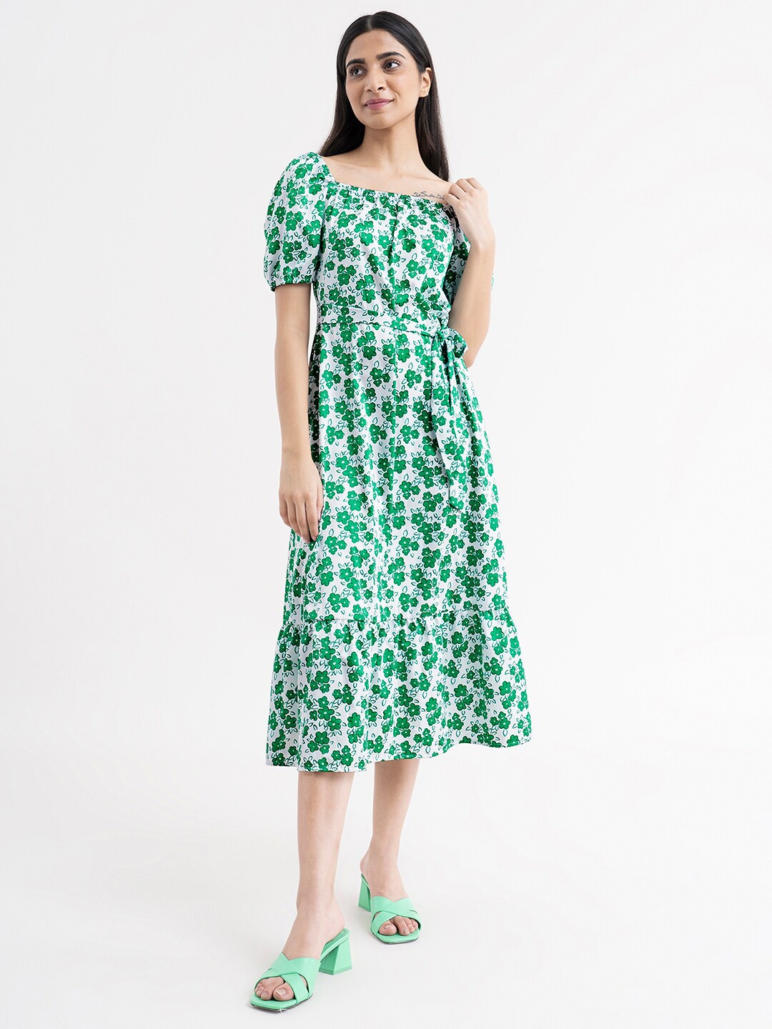 FableStreet White Floral Satin Formal Midi Dress