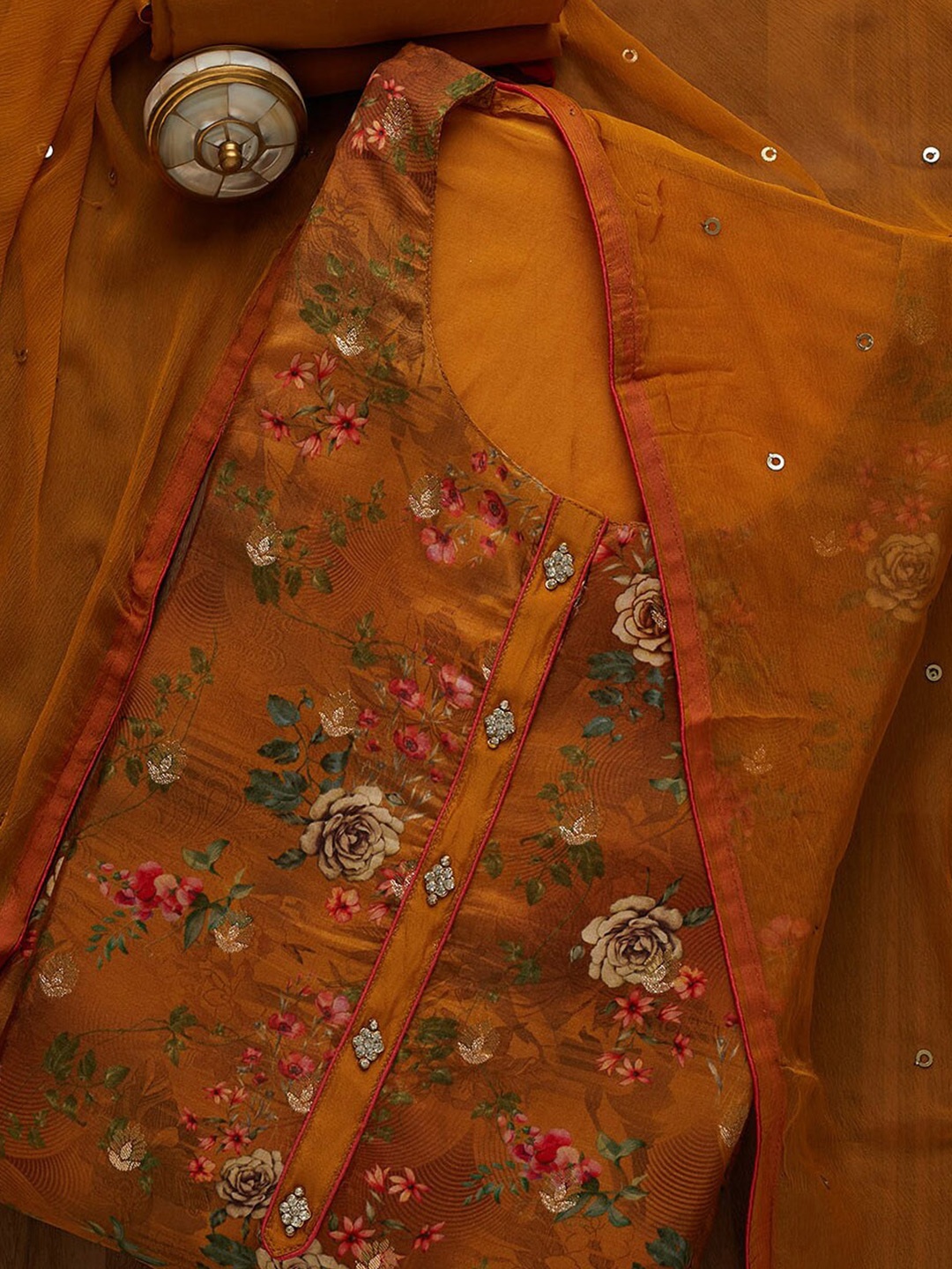 Koskii Mustard & Pink Printed Unstitched Dress Material