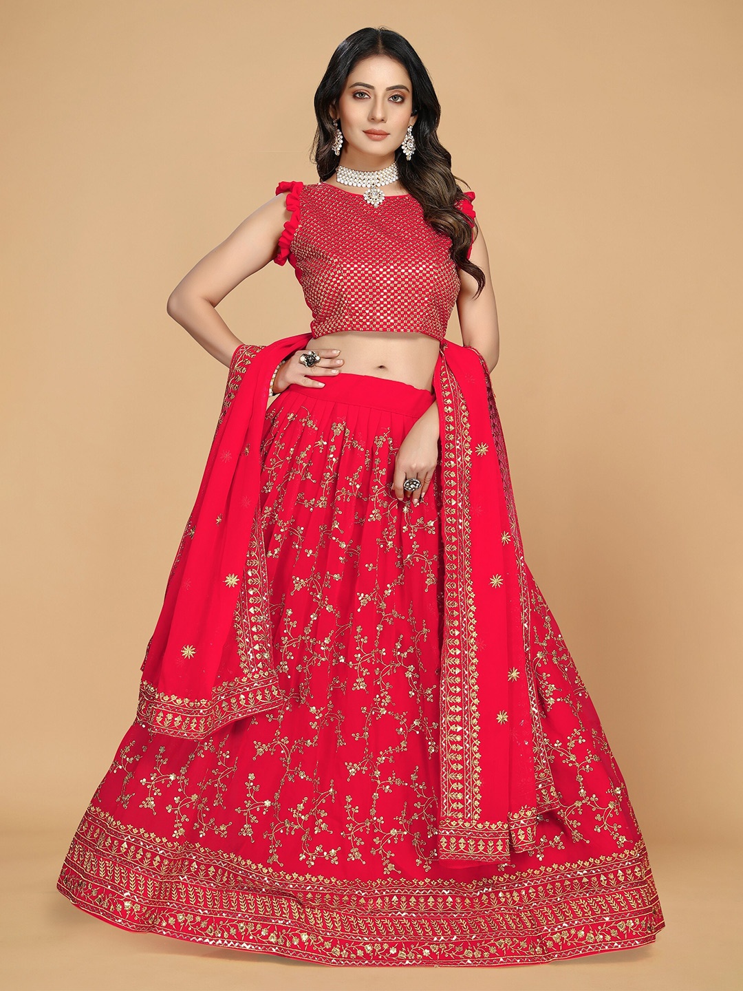 Nityanta Fab Red & Gold-Toned Embellished Sequinned Semi-Stitched Lehenga & Blouse With Dupatta
Nityanta Fab Red & Gold-Toned Embellished Sequinned Semi-Stitched Lehenga & Blouse With Dupatta