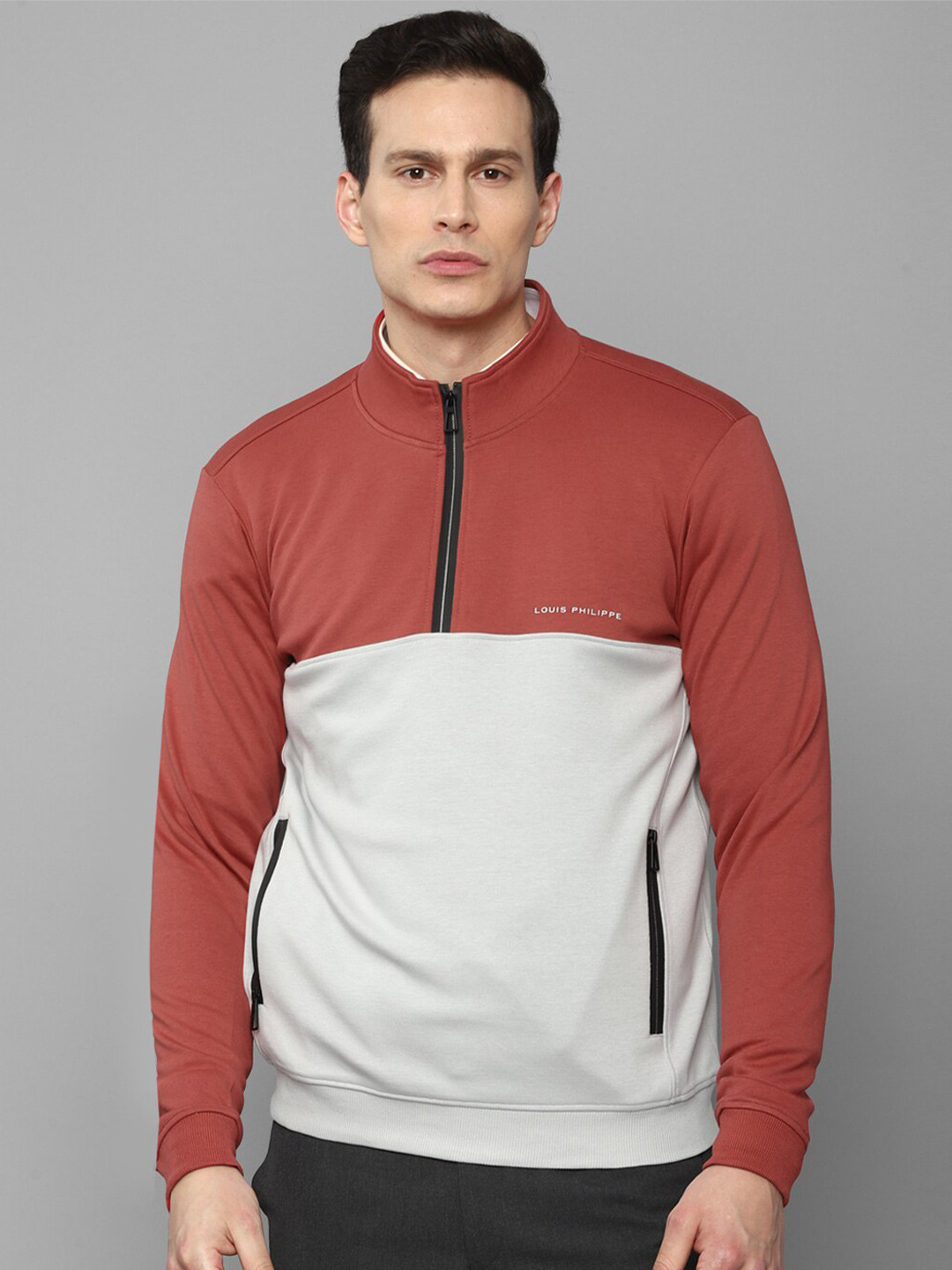 Louis Philippe Men Cream & Red Colourblocked Cotton Sweatshirt 
Louis Philippe Men Cream & Red Colourblocked Cotton Sweatshirt
