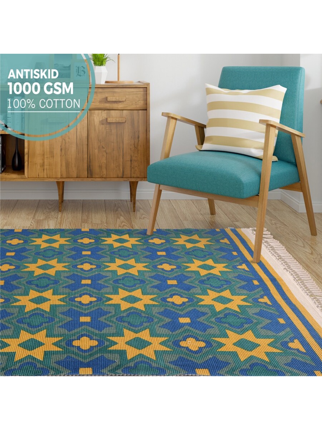 URBAN SPACE Green & Yellow Bohemian Printed Carpets