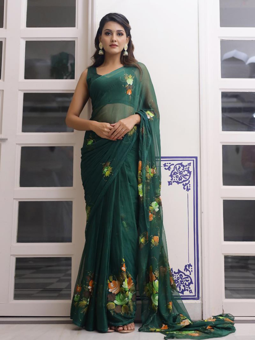 Baisacrafts Fluorescent Green & Orange Floral Pure Chiffon Saree With Unstitched Blouse
Baisacrafts Fluorescent Green & Orange Floral Pure Chiffon Saree With Unstitched Blouse