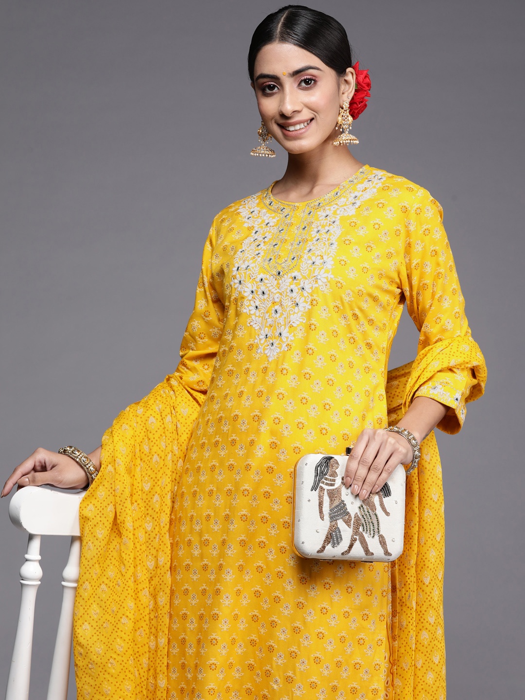 Indo Era Women Mustard Yellow Floral Printed Thread Work Kurta with Trousers & With Dupatta
Indo Era Women Mustard Yellow Floral Printed Thread Work Kurta with Trousers & With Dupatta