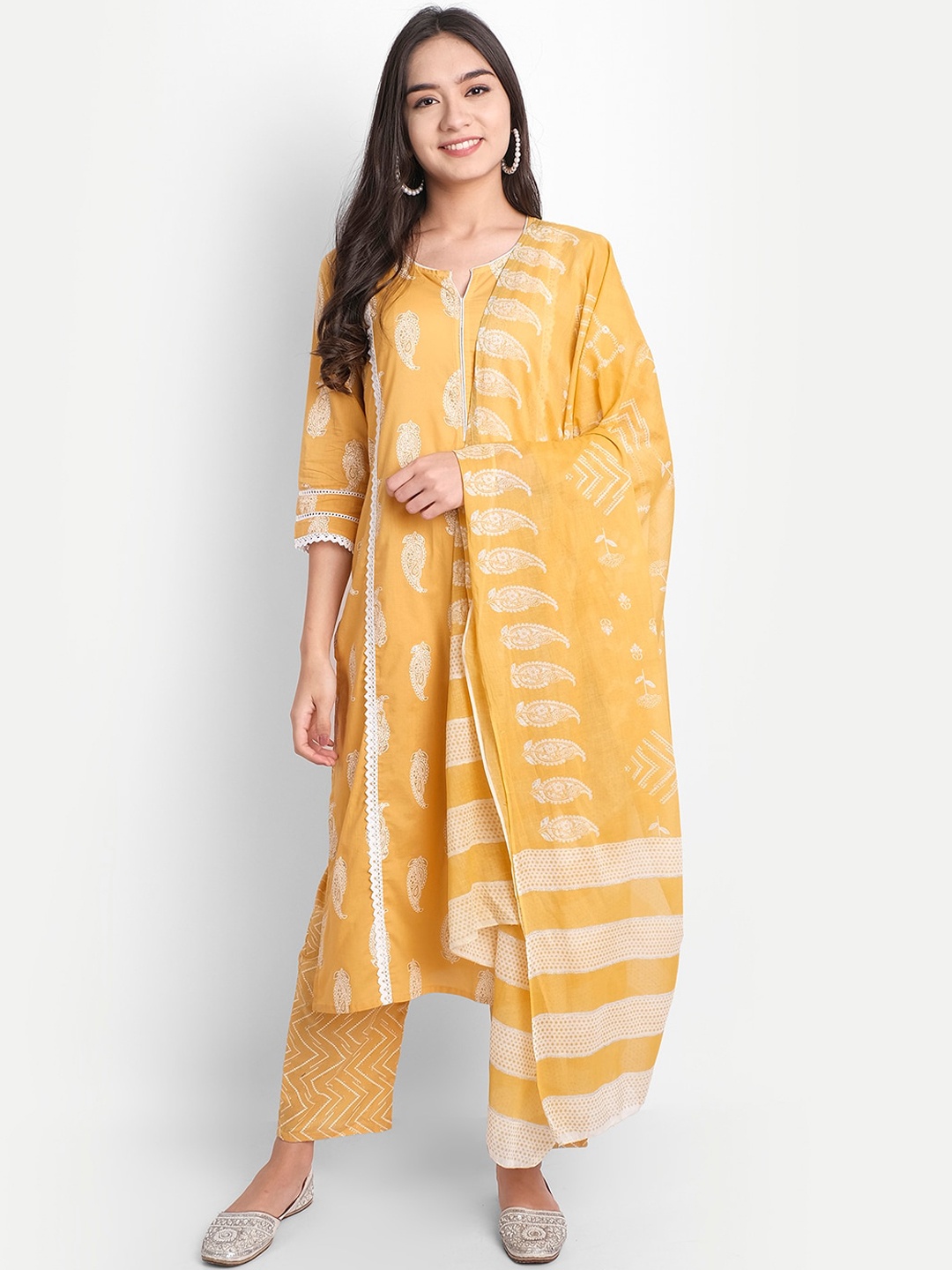 KALINI Women Yellow Floral Embroidered Layered Pure Cotton Kurta with Palazzos & With Dupatta
KALINI Women Yellow Floral Embroidered Layered Pure Cotton Kurta with Palazzos & With Dupatta