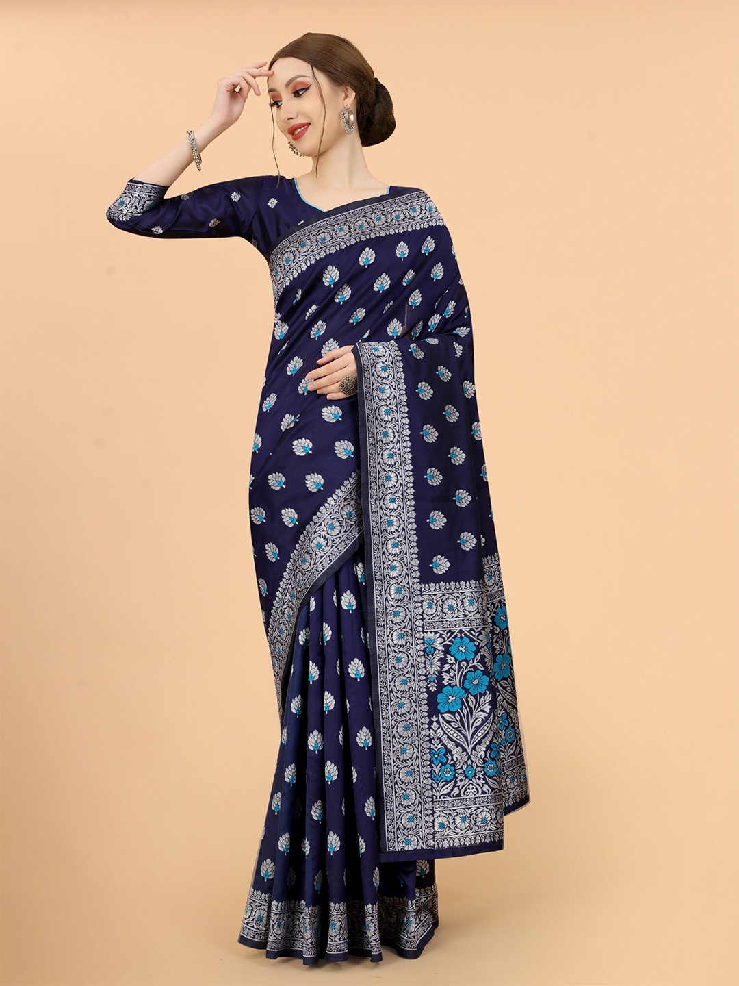 SATYAM WEAVES Women Navy Blue & Silver-Toned Woven Design Zari Silk Cotton Banarasi Saree
SATYAM WEAVES Women Navy Blue & Silver-Toned Woven Design Zari Silk Cotton Banarasi Saree