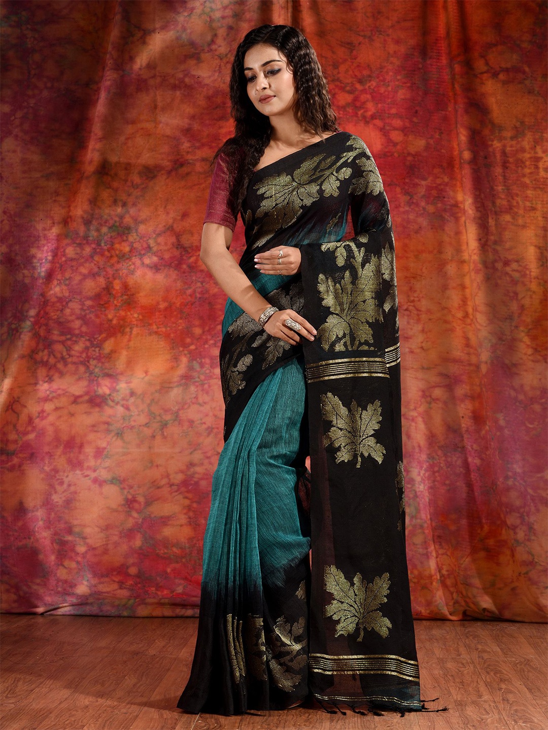 Charukriti Teal & Black Floral Pure Linen Saree