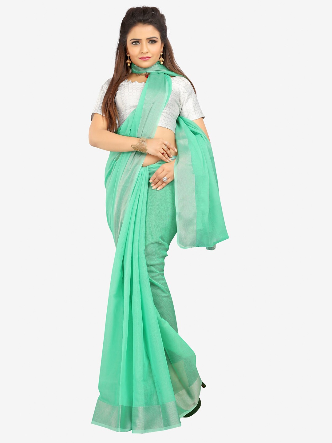 Indian Fashionista Green & Silver-Toned Zari Silk Cotton Mysore Silk Saree