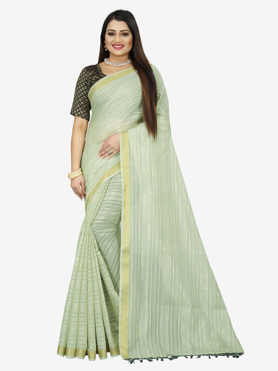 Indian Fashionista Green & Gold-Toned Striped Zari Baluchari Saree