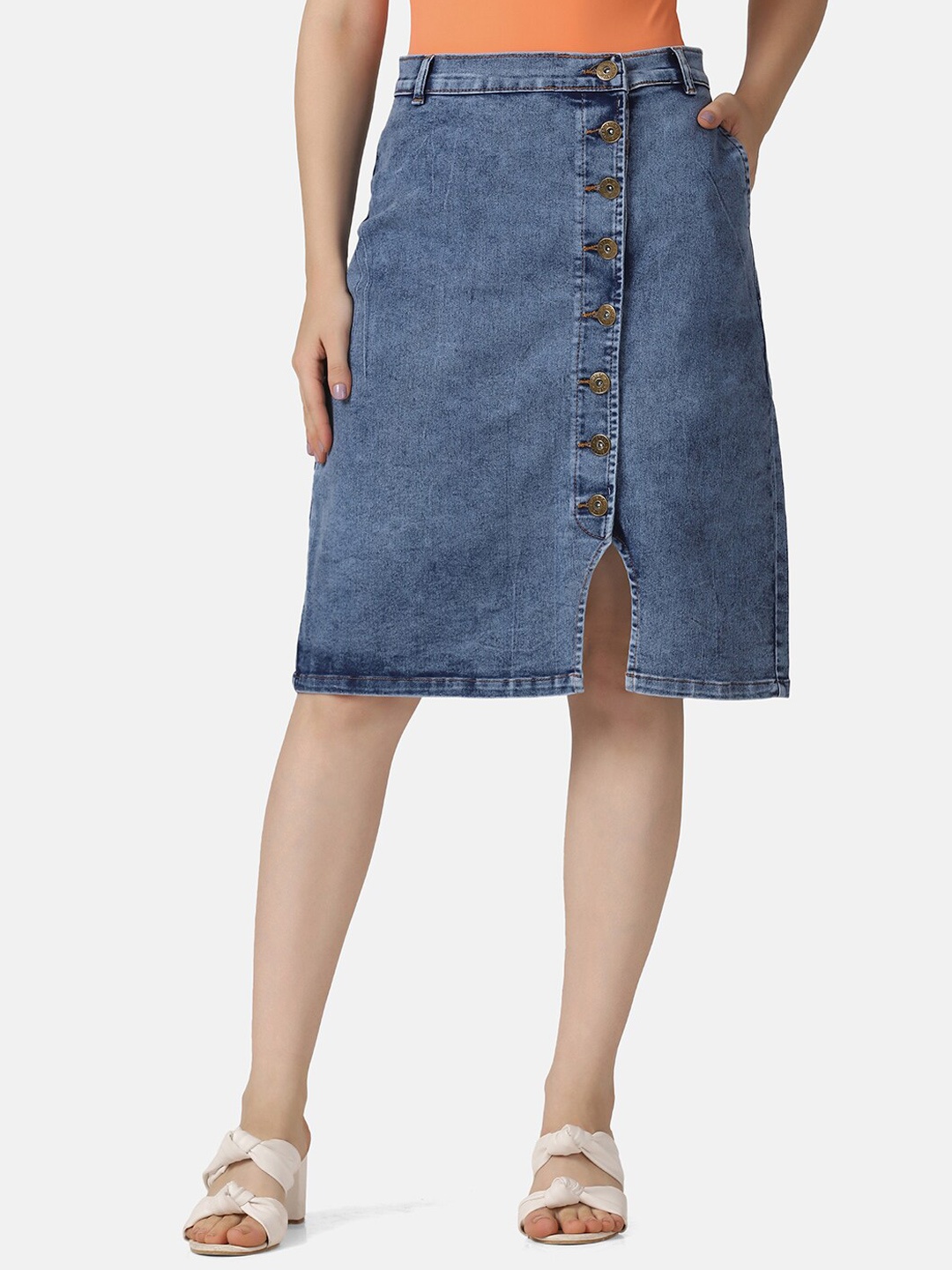 BUY NEW TREND Women Blue Solid Denim A-Line Knee length Skirt