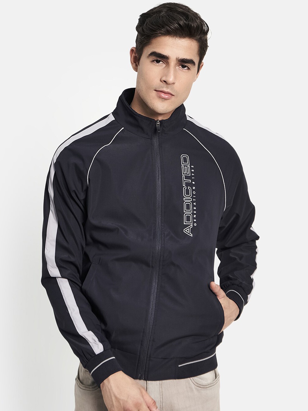 METTLE Men Navy Blue Bomber Jacket