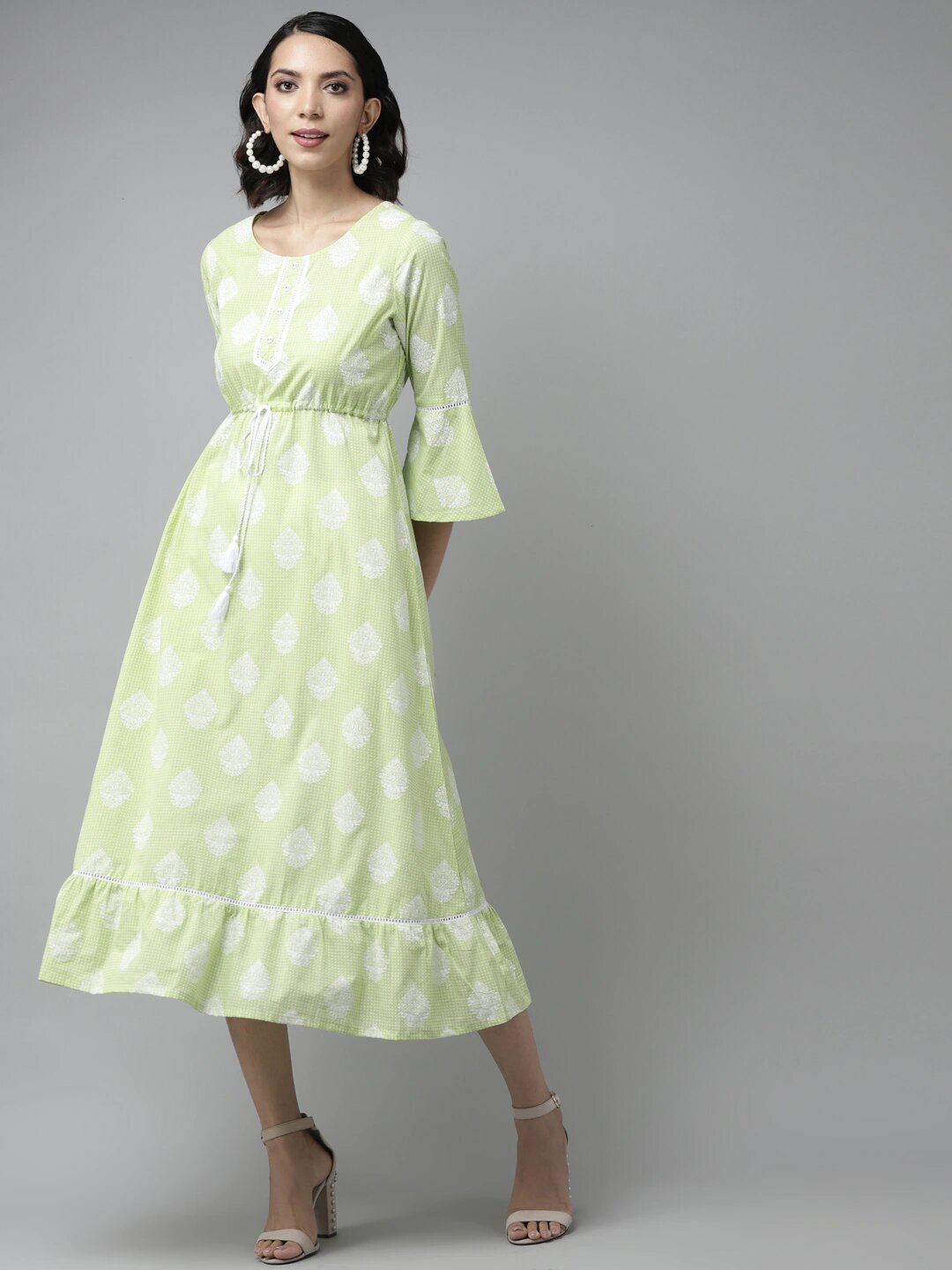 Amirah s Lime Green & White Ethnic Motifs Midi Dress