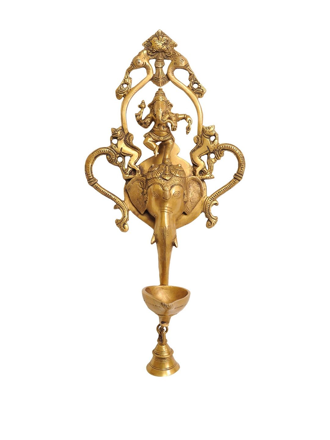 Exotic India 16" Brass Dancing Ganesha Wall Hanging Lamp with Bell and Kirtimukha, Gold
Exotic India 16" Brass Dancing Ganesha Wall Hanging Lamp with Bell and Kirtimukha, Gold