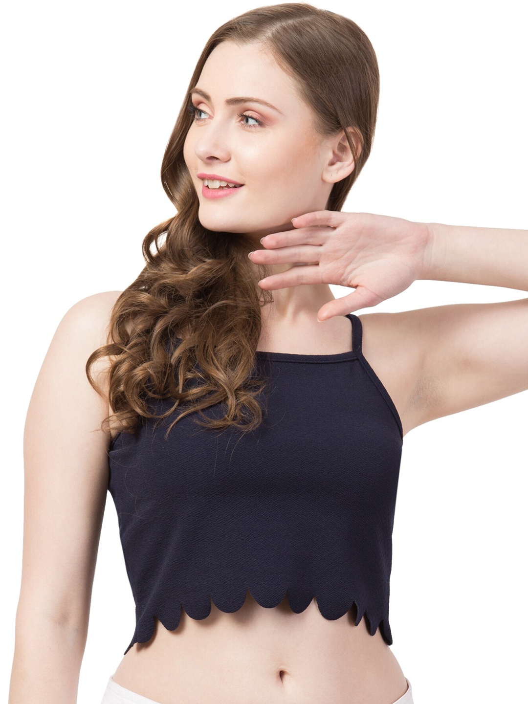 Gaurgeous Women Navy Blue Solid Tube Crop Top