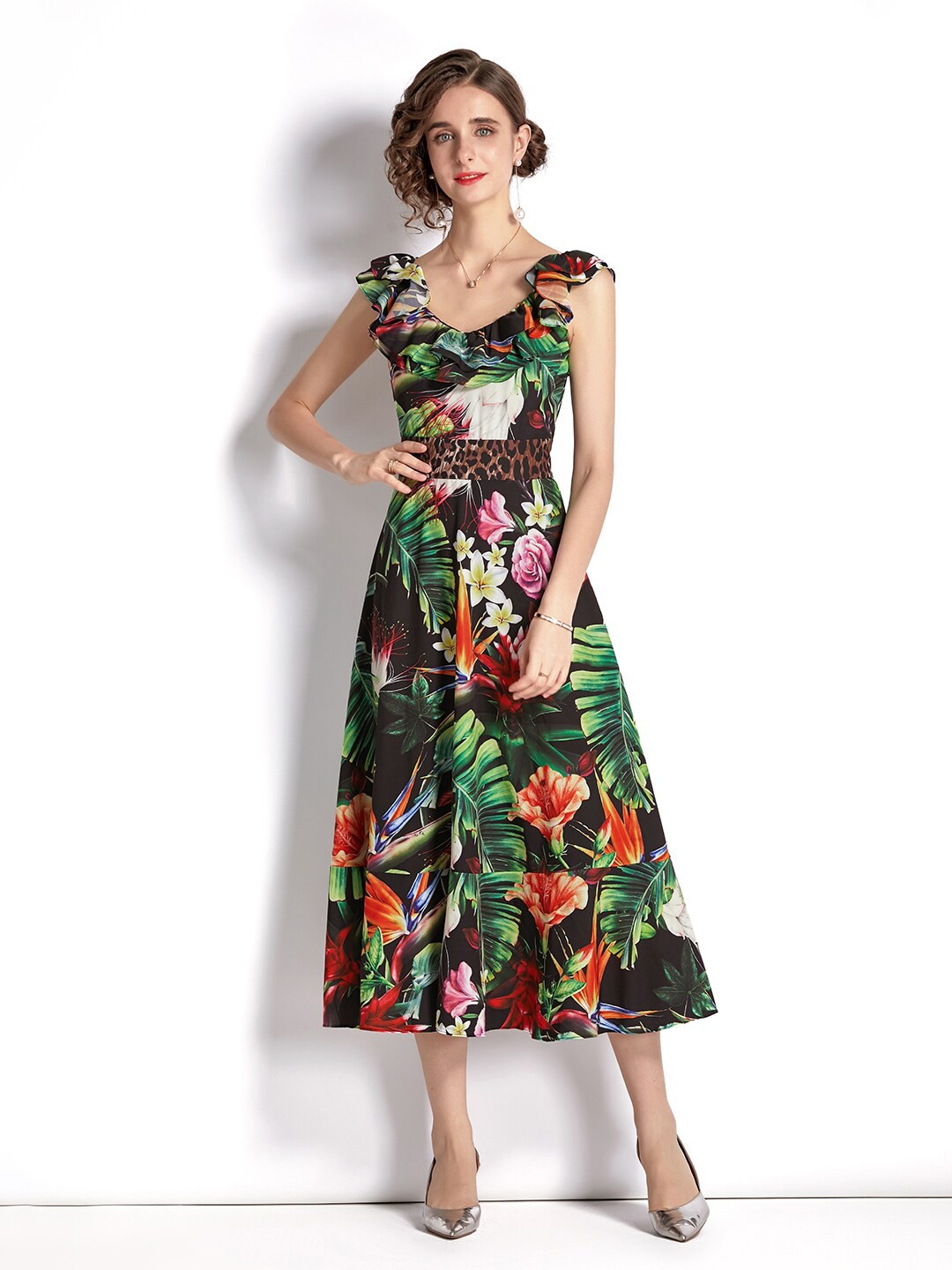 JC Collection Women Multicoloured Printed Floral Off-Shoulder Midi Dress, Multi