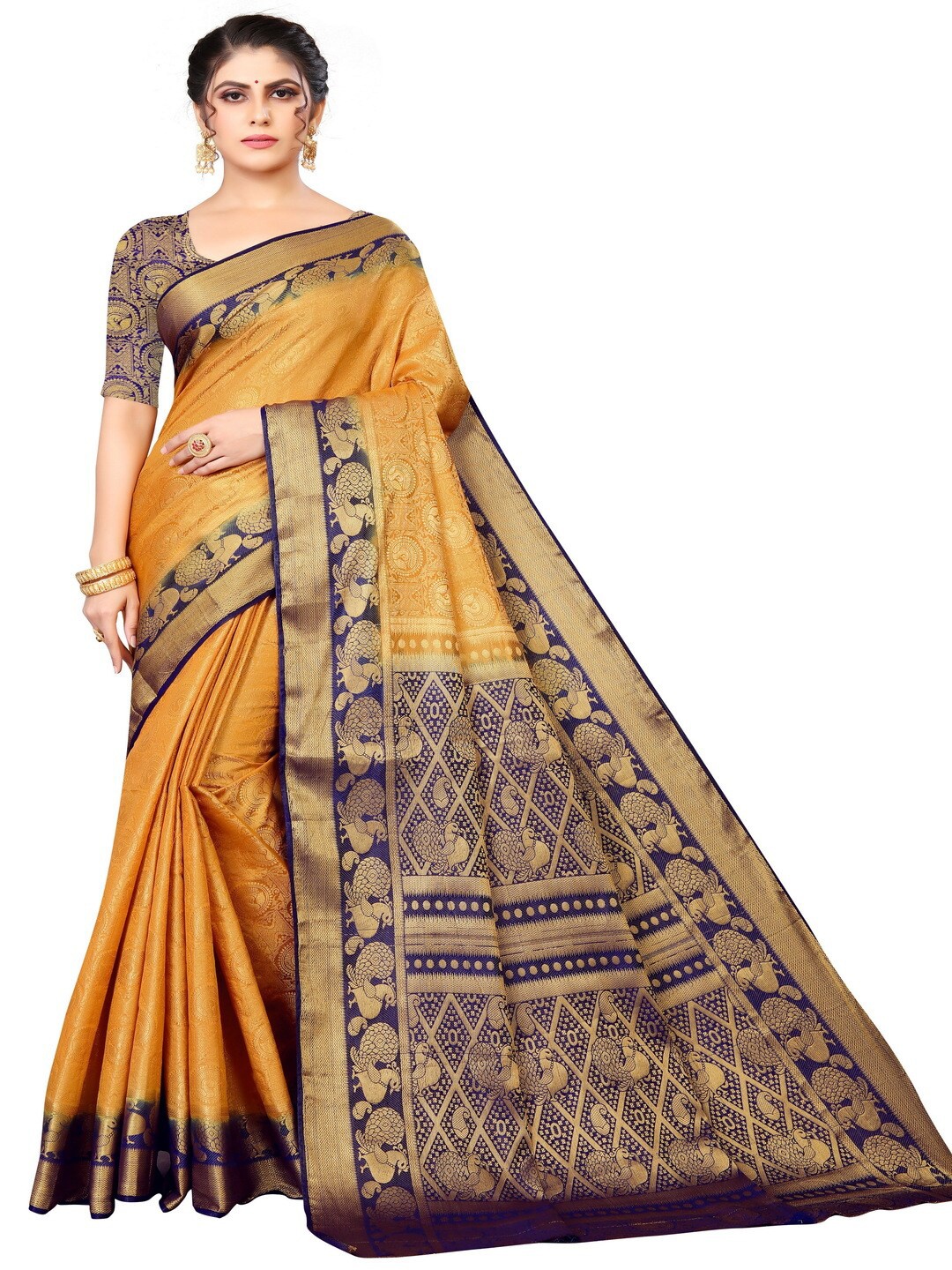 MOKSHA DESIGNS Gold-Toned & Navy Blue Woven Design Zari Pure Silk Kanjeevaram Saree
MOKSHA DESIGNS Gold-Toned & Navy Blue Woven Design Zari Pure Silk Kanjeevaram Saree