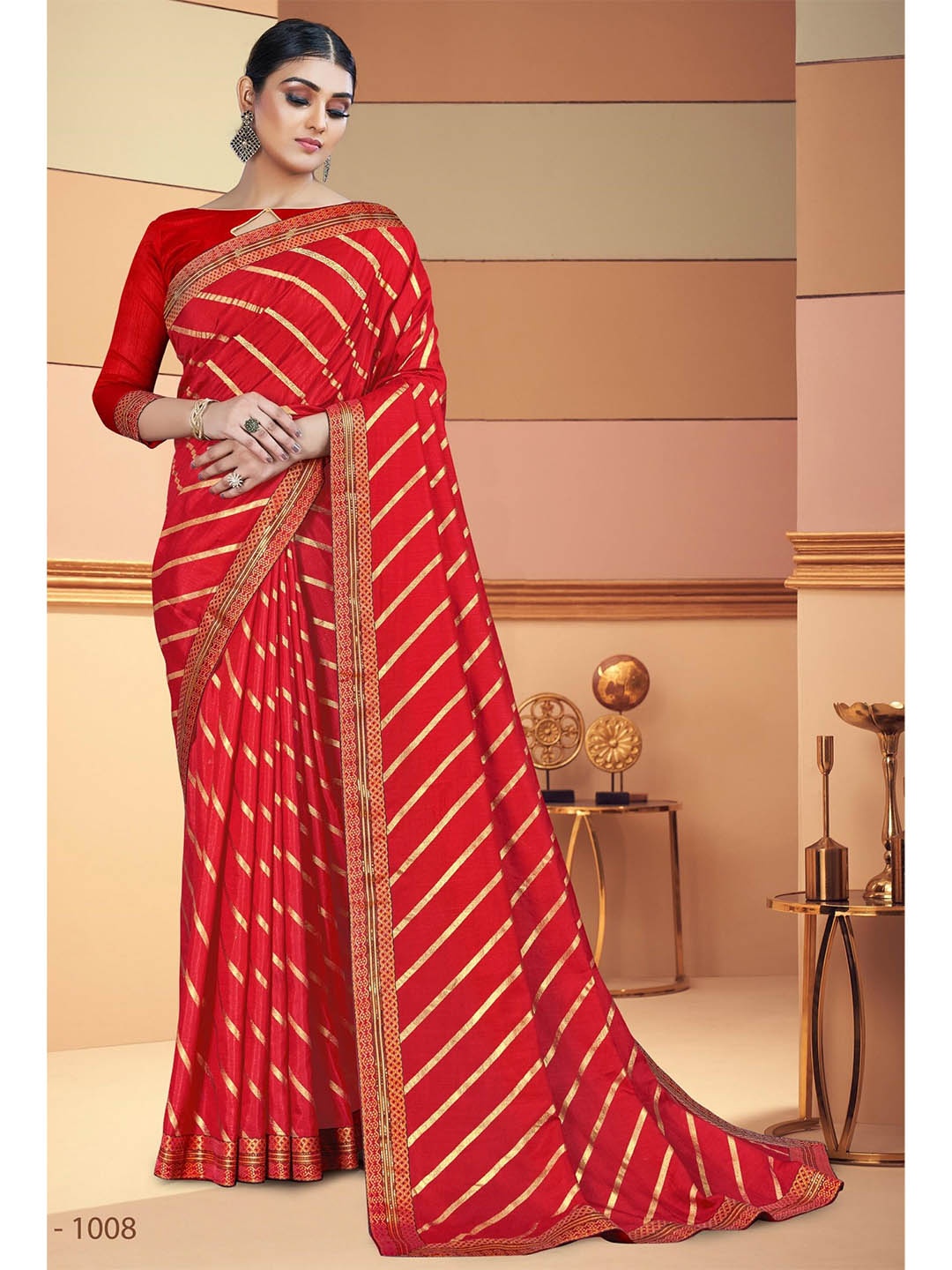 TEREZA Red & Gold-Toned Leheriya Silk Blend Leheriya Saree
