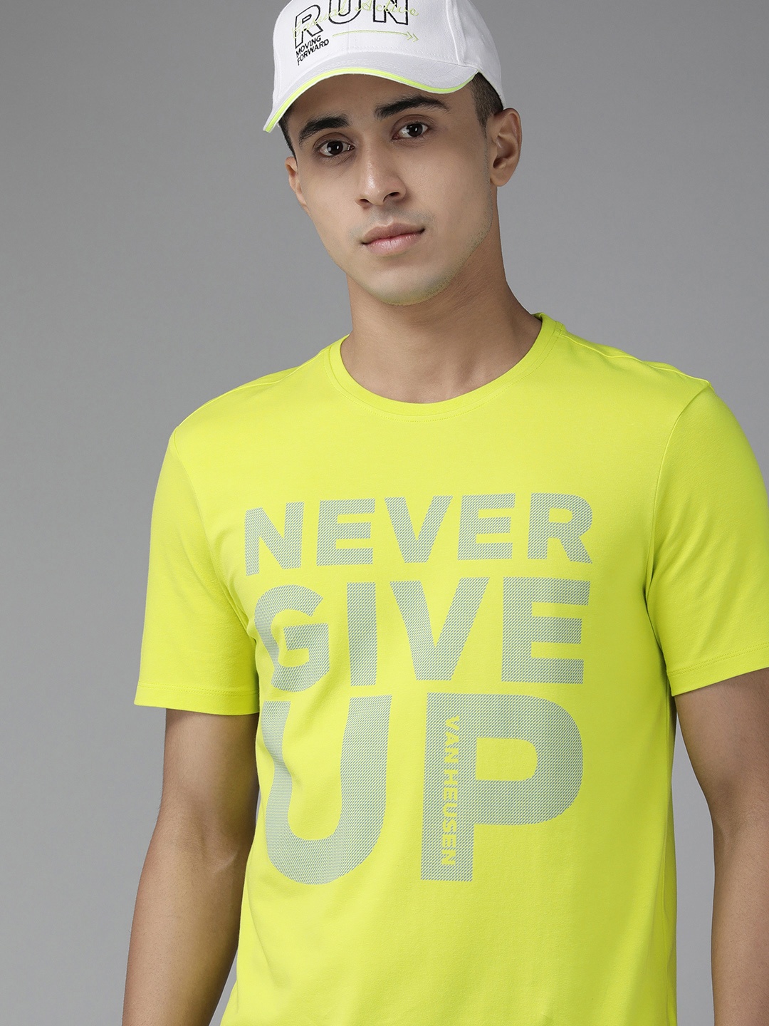 Van Heusen Flex Men Yellow Typography Printed Slim Fit Sports T-shirt