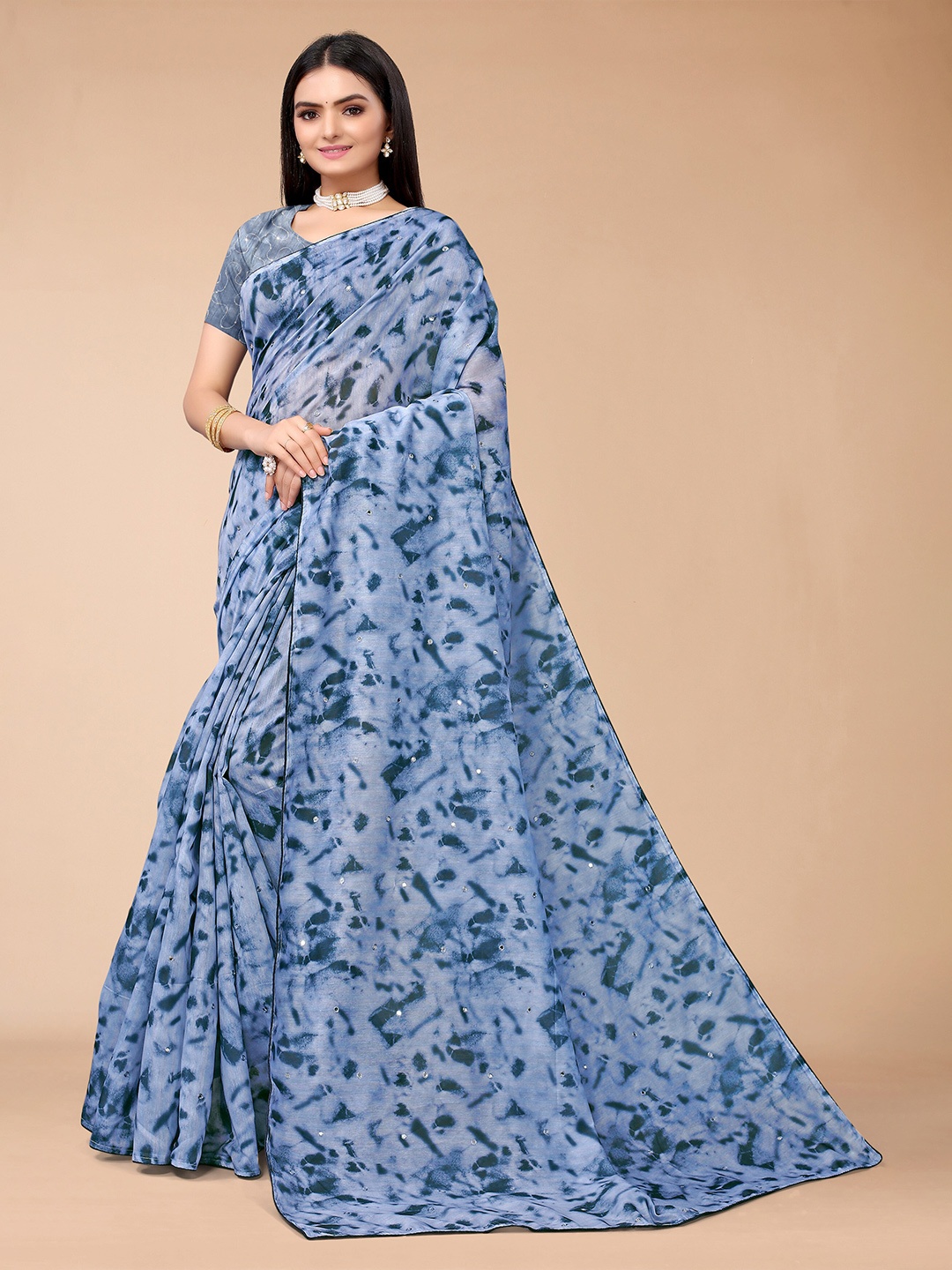Mitera Navy Blue Tie and Dye Embroidered Pure Cotton Saree