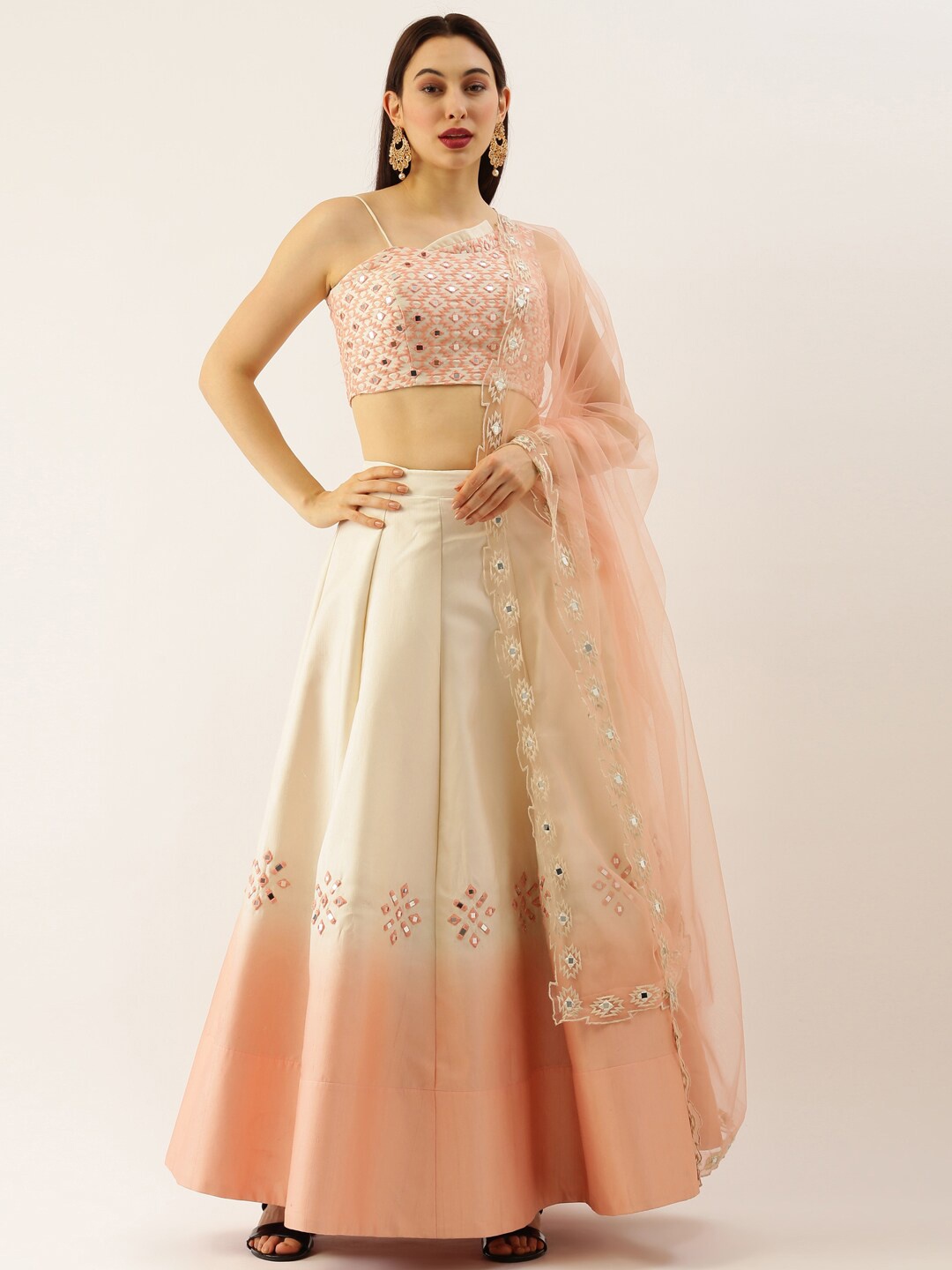 panchhi Peach-Coloured & Cream-Coloured Embellished Mirror Work Ready to Wear Lehenga & Blouse With Dupatta
panchhi Peach-Coloured & Cream-Coloured Embellished Mirror Work Ready to Wear Lehenga & Blouse With Dupatta